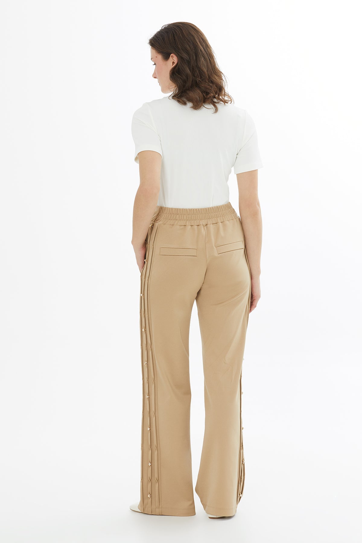 Beige Side Embroidered Tie-Waist Sweatpants