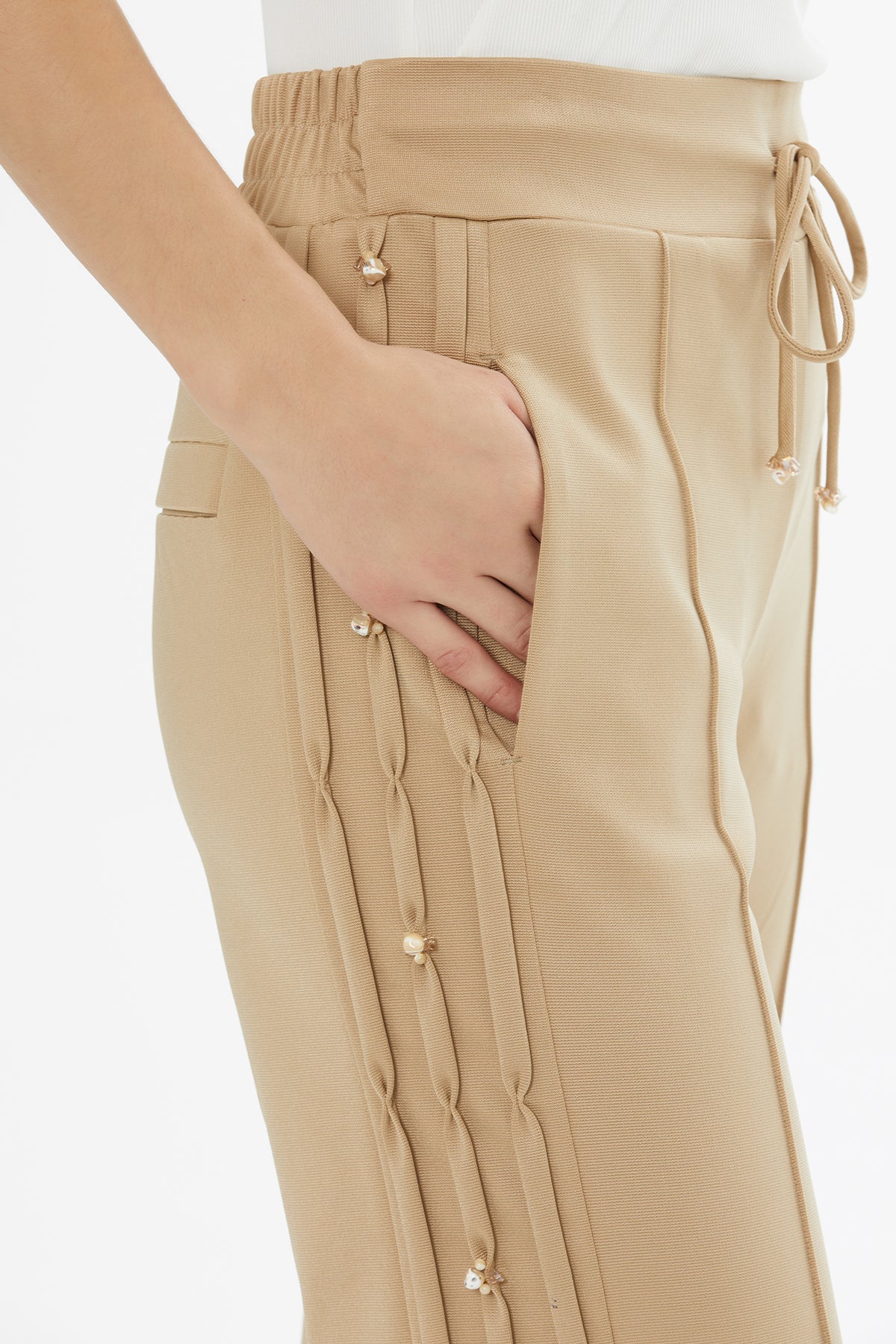Beige Side Embroidered Tie-Waist Sweatpants