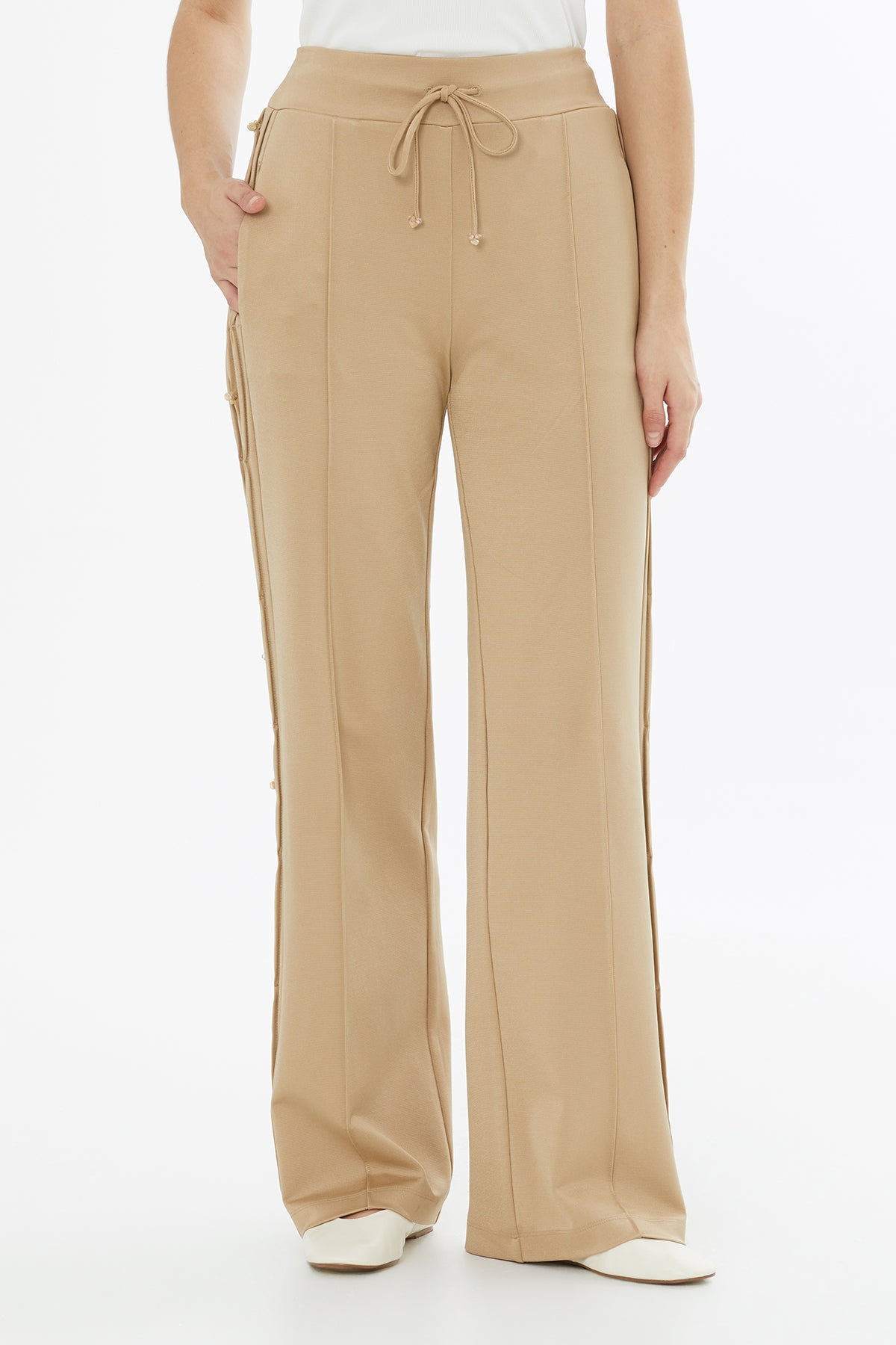Beige Side Embroidered Tie-Waist Sweatpants
