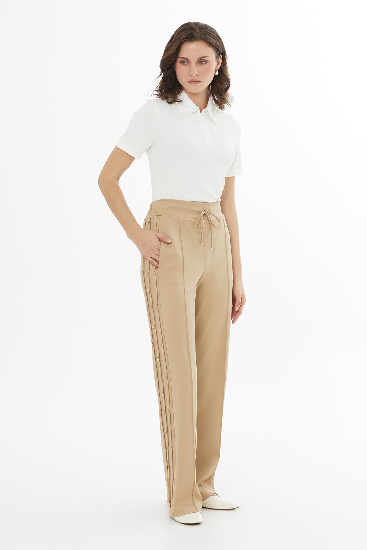 Beige Side Embroidered Tie-Waist Sweatpants