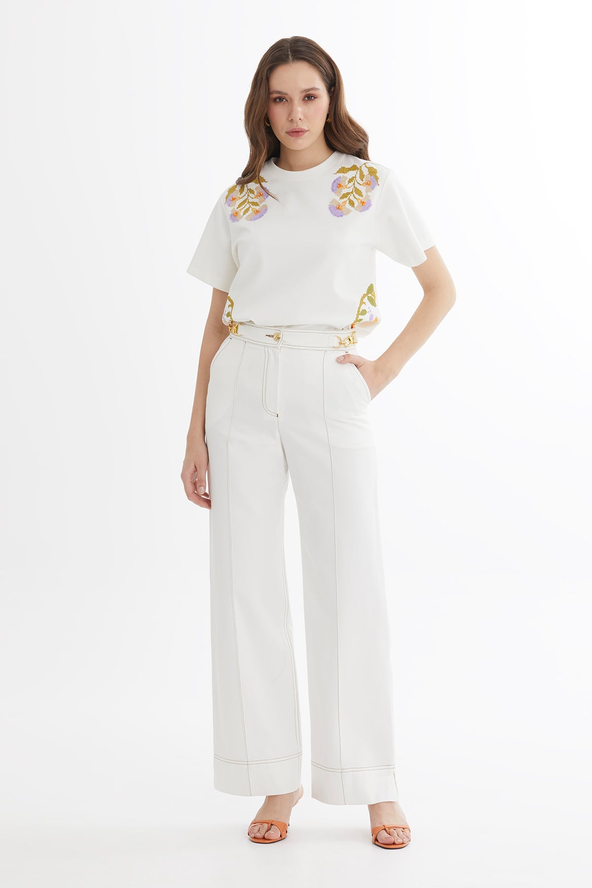 Ecru Gold Accessory Straight-Leg Trousers