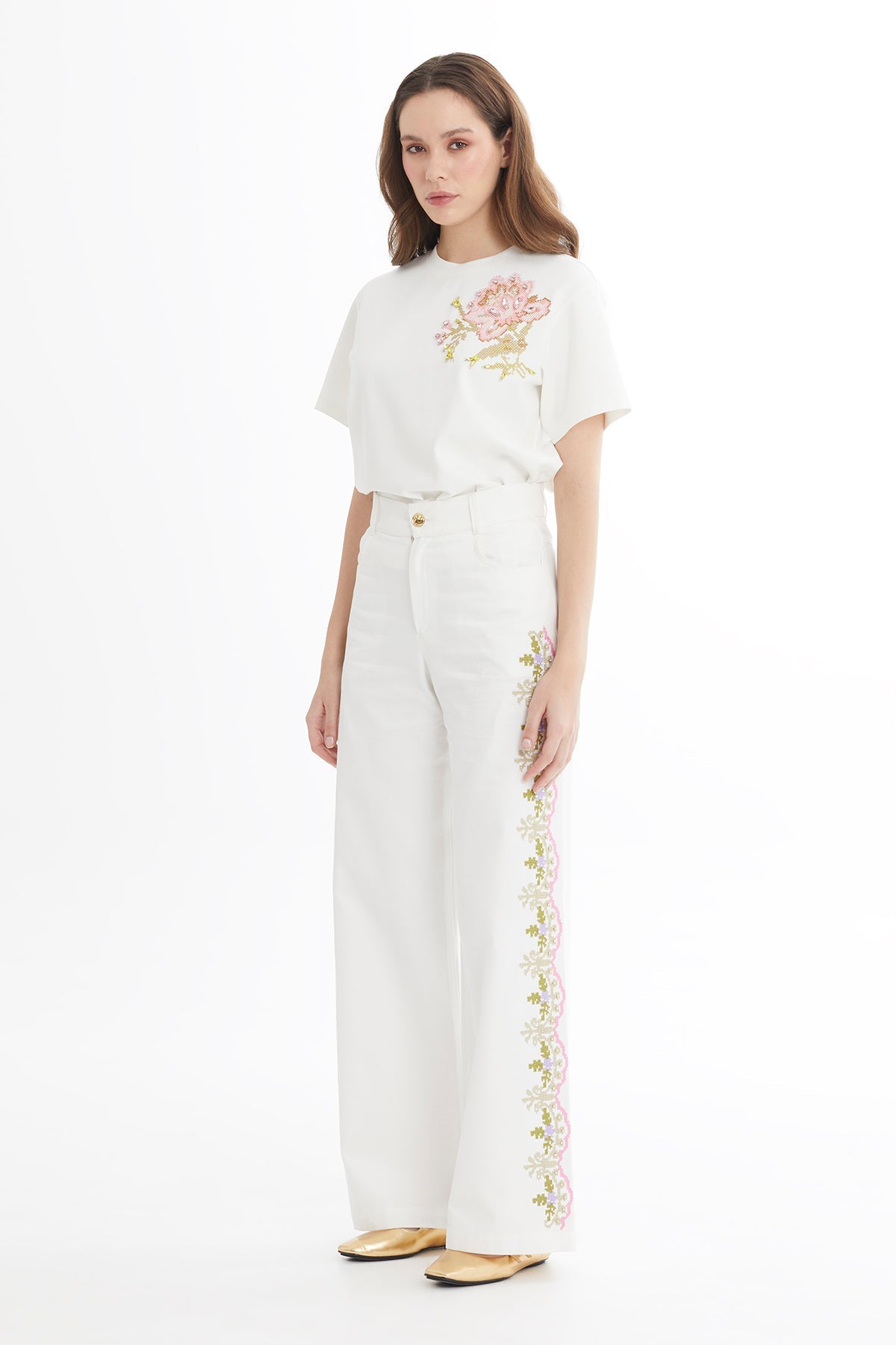 Ecru Embroidered Straight-Leg Trousers