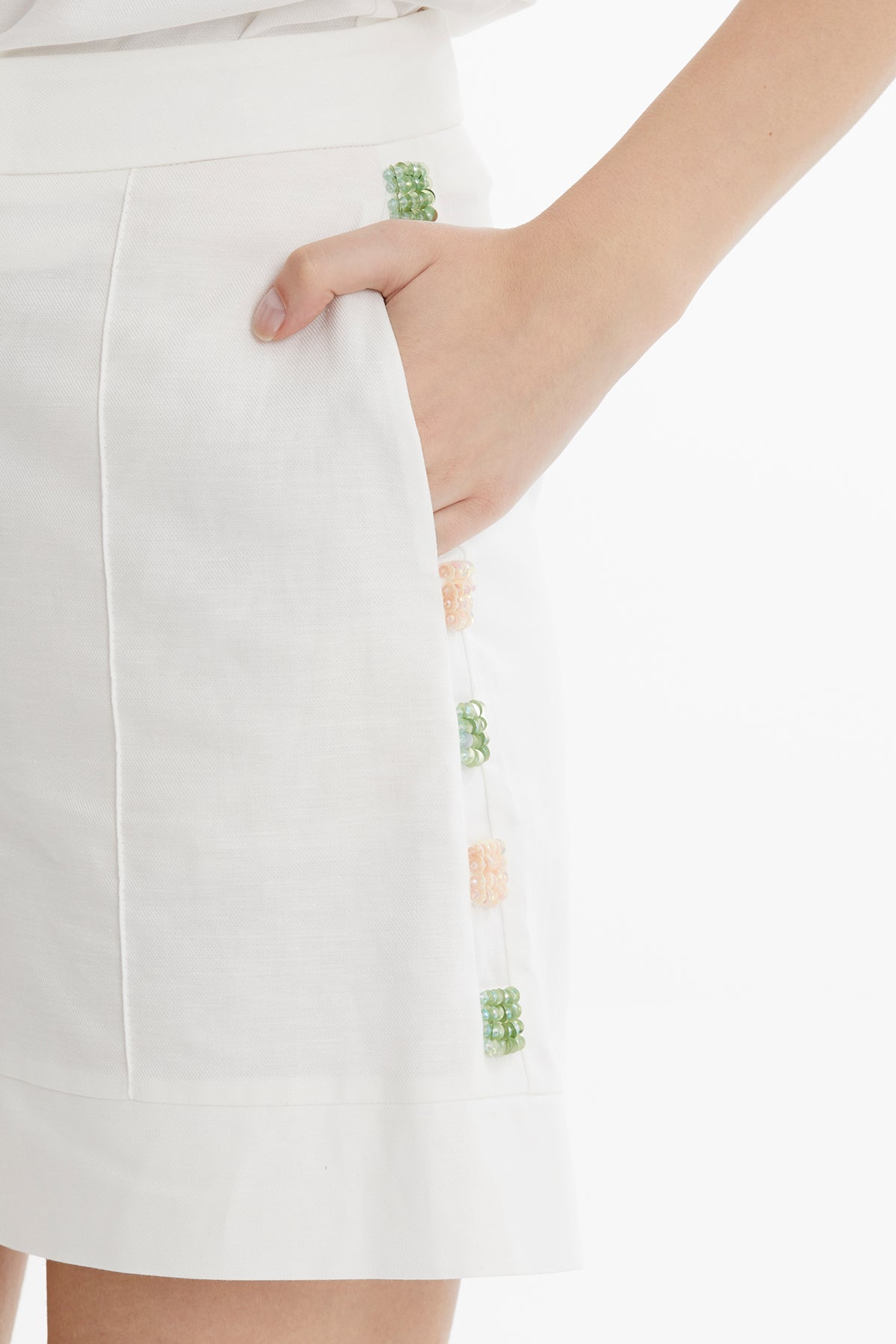 Ecru Embroidered Mini Shorts