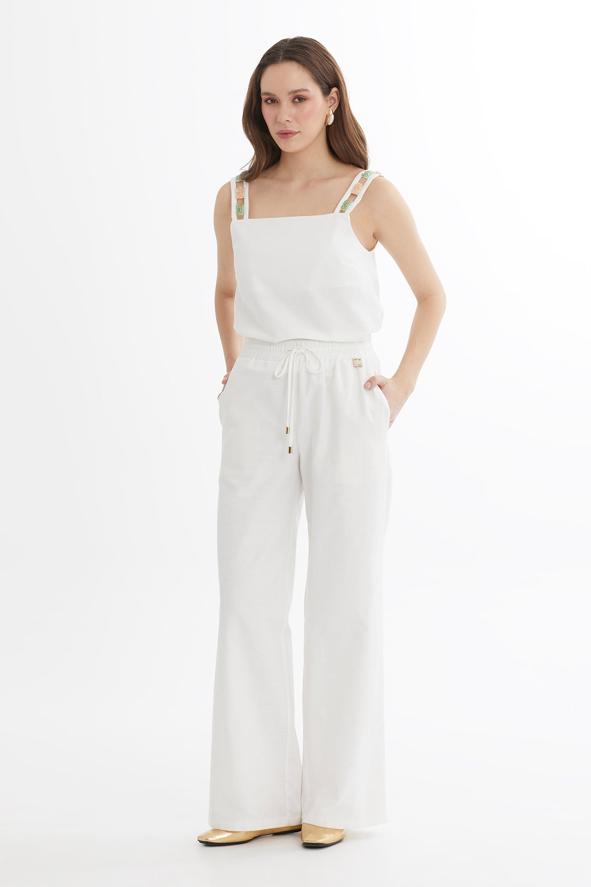 Ecru Tie Detail Wide-Leg Trousers
