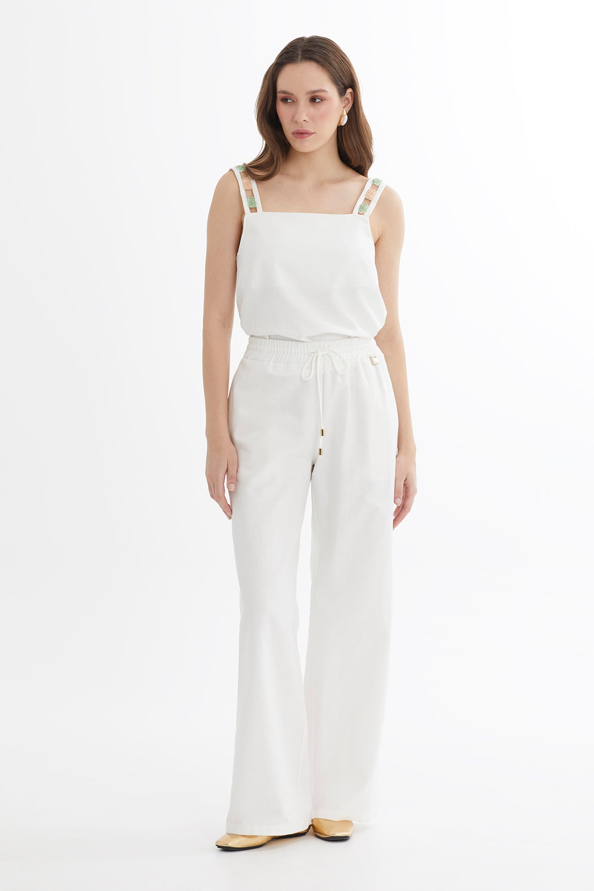 Ecru Tie Detail Wide-Leg Trousers
