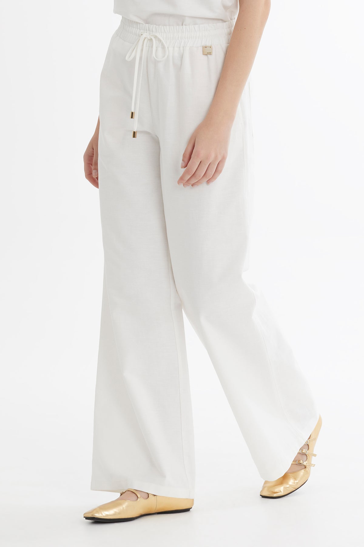 Ecru Tie Detail Wide-Leg Trousers
