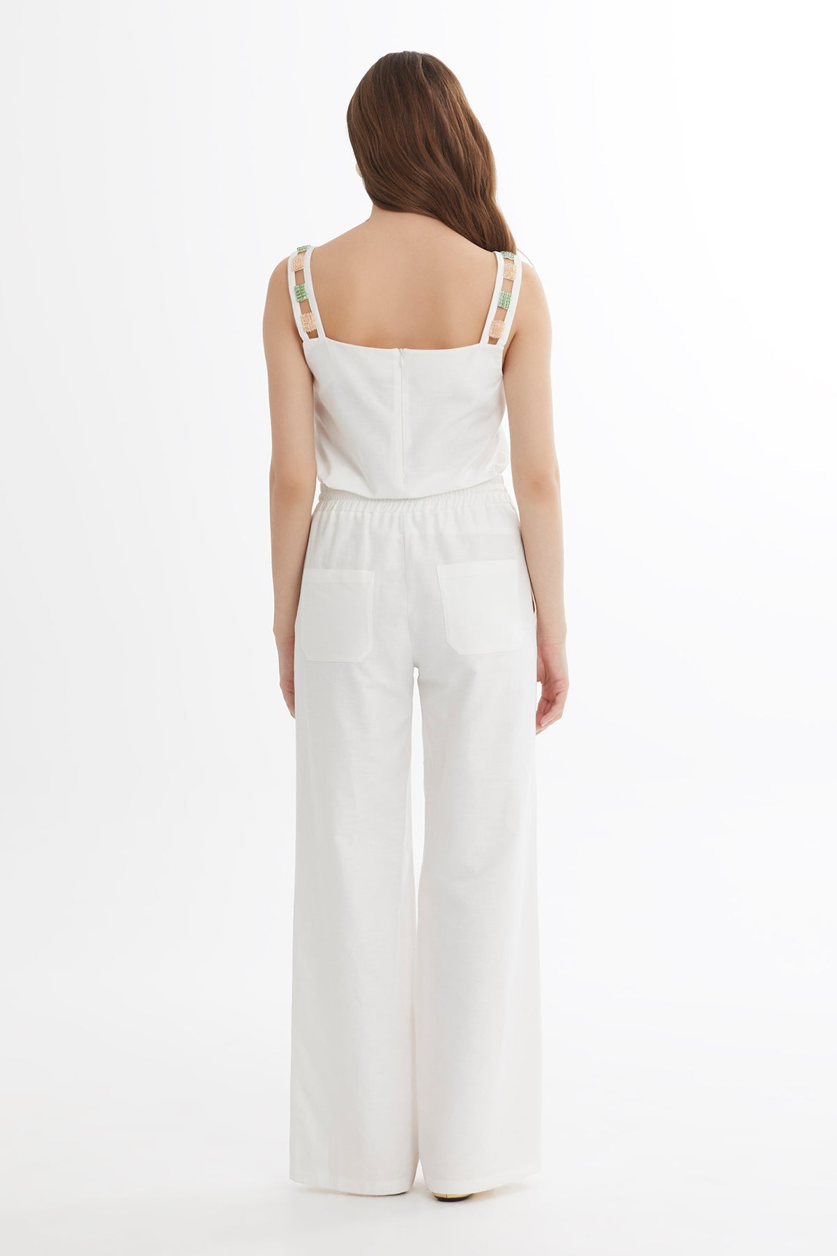 Ecru Tie Detail Wide-Leg Trousers