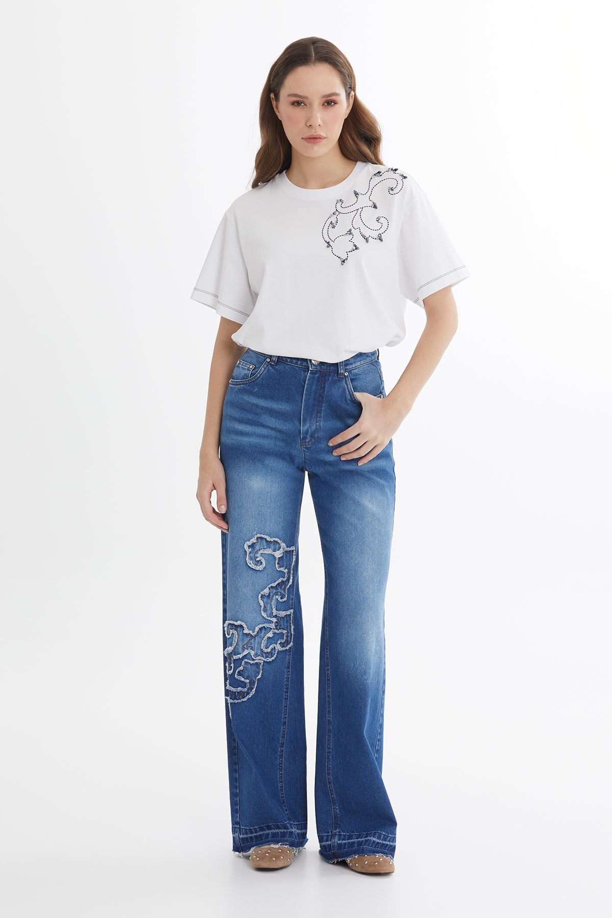 Blue Asymmetric Embroidered Denim