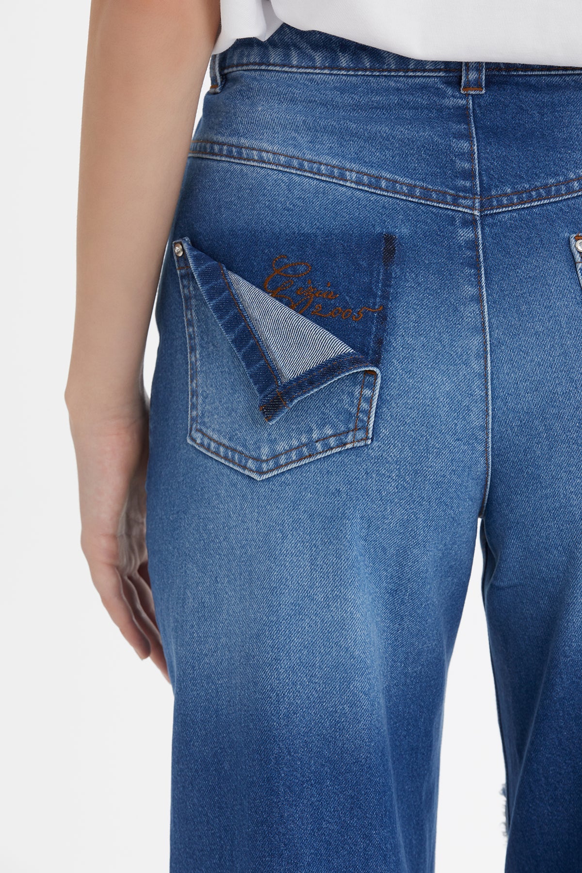 Blue Asymmetric Embroidered Denim