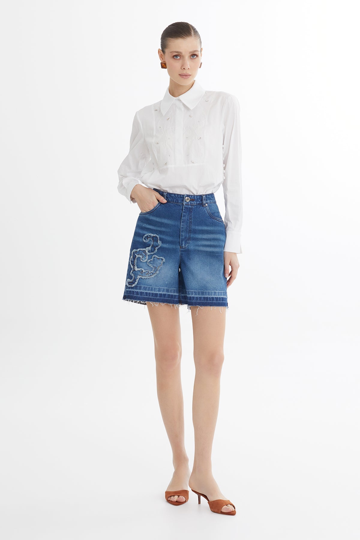Blue Asymmetric Embroidered Denim Shorts