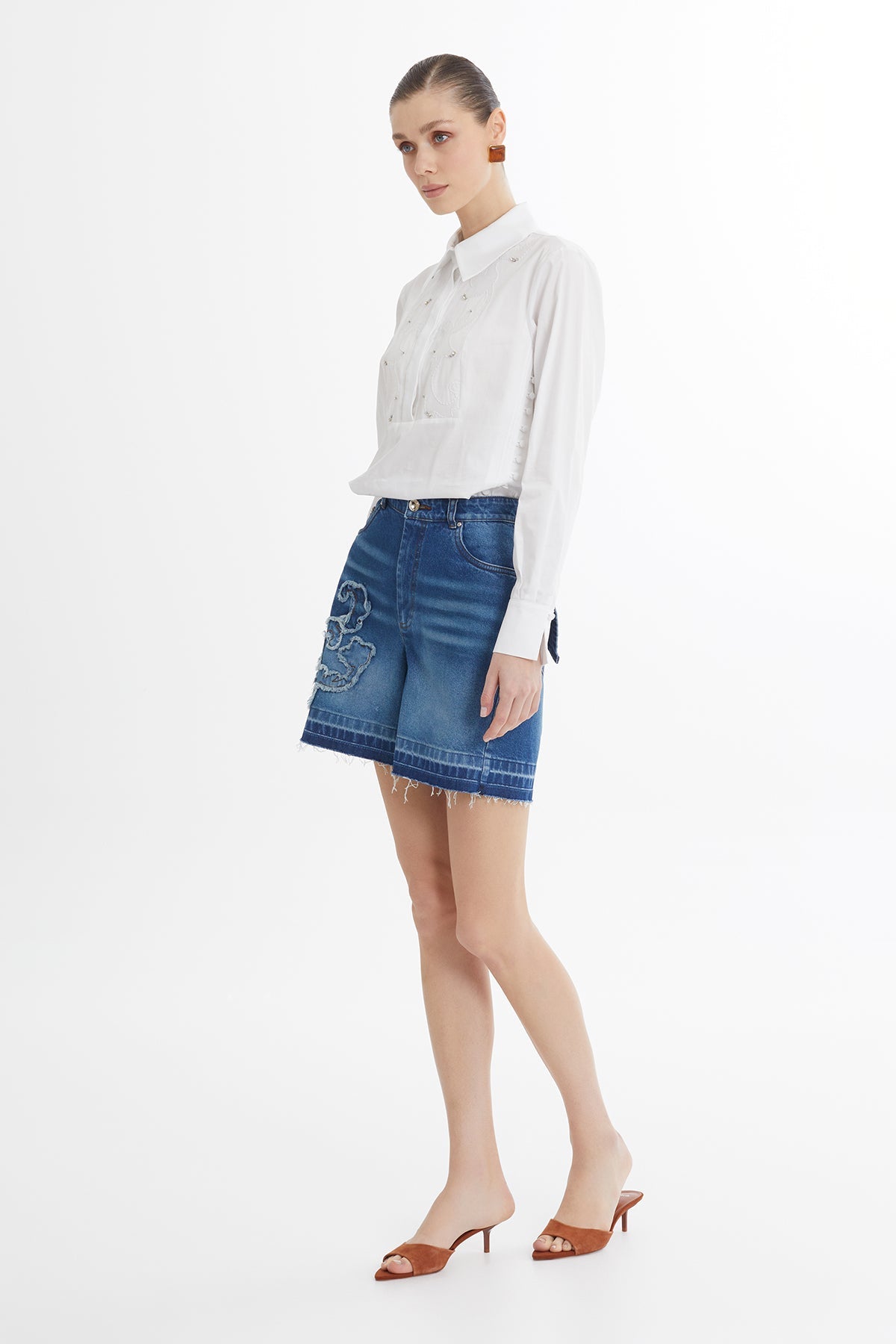Blue Asymmetric Embroidered Denim Shorts