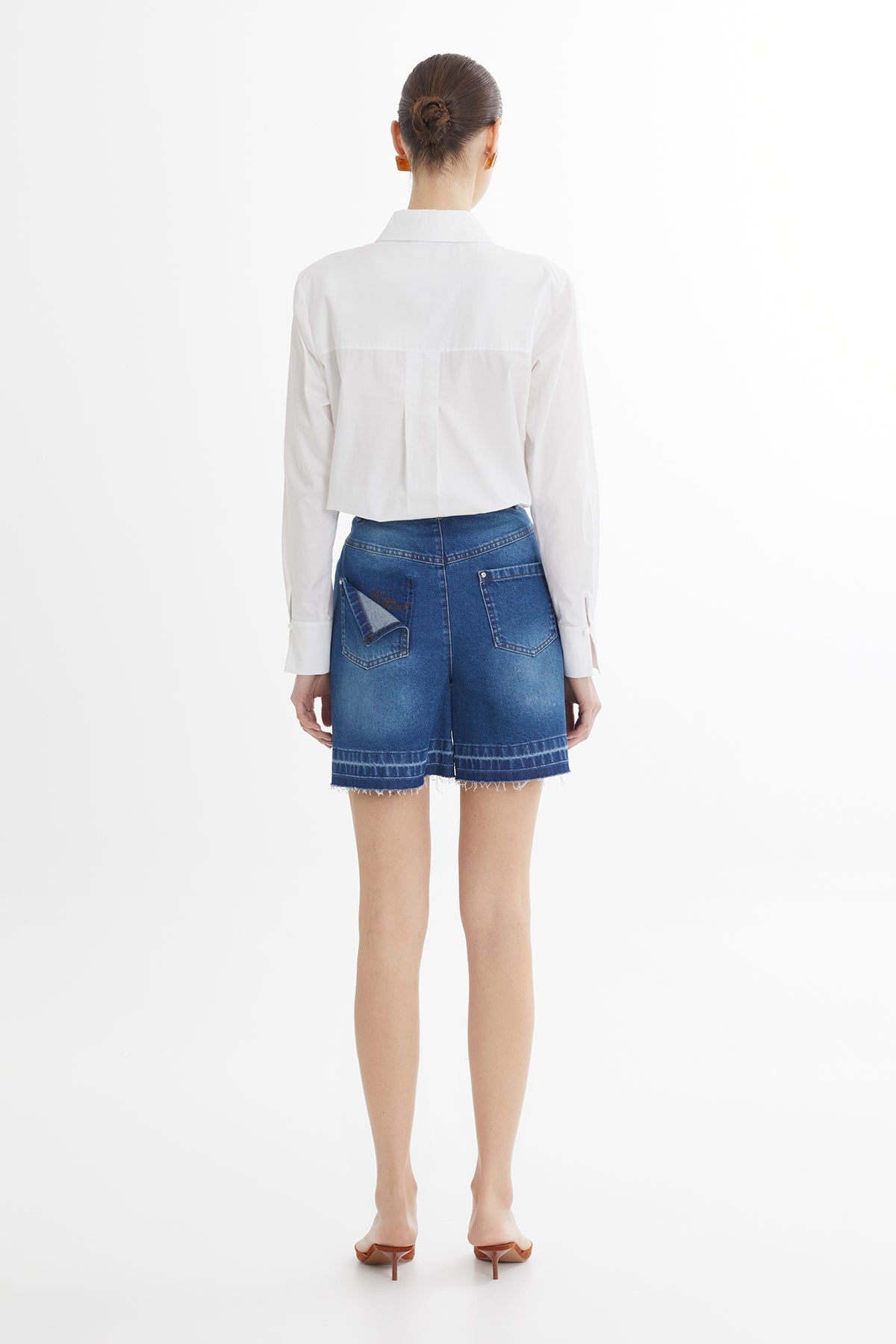 Blue Asymmetric Embroidered Denim Shorts