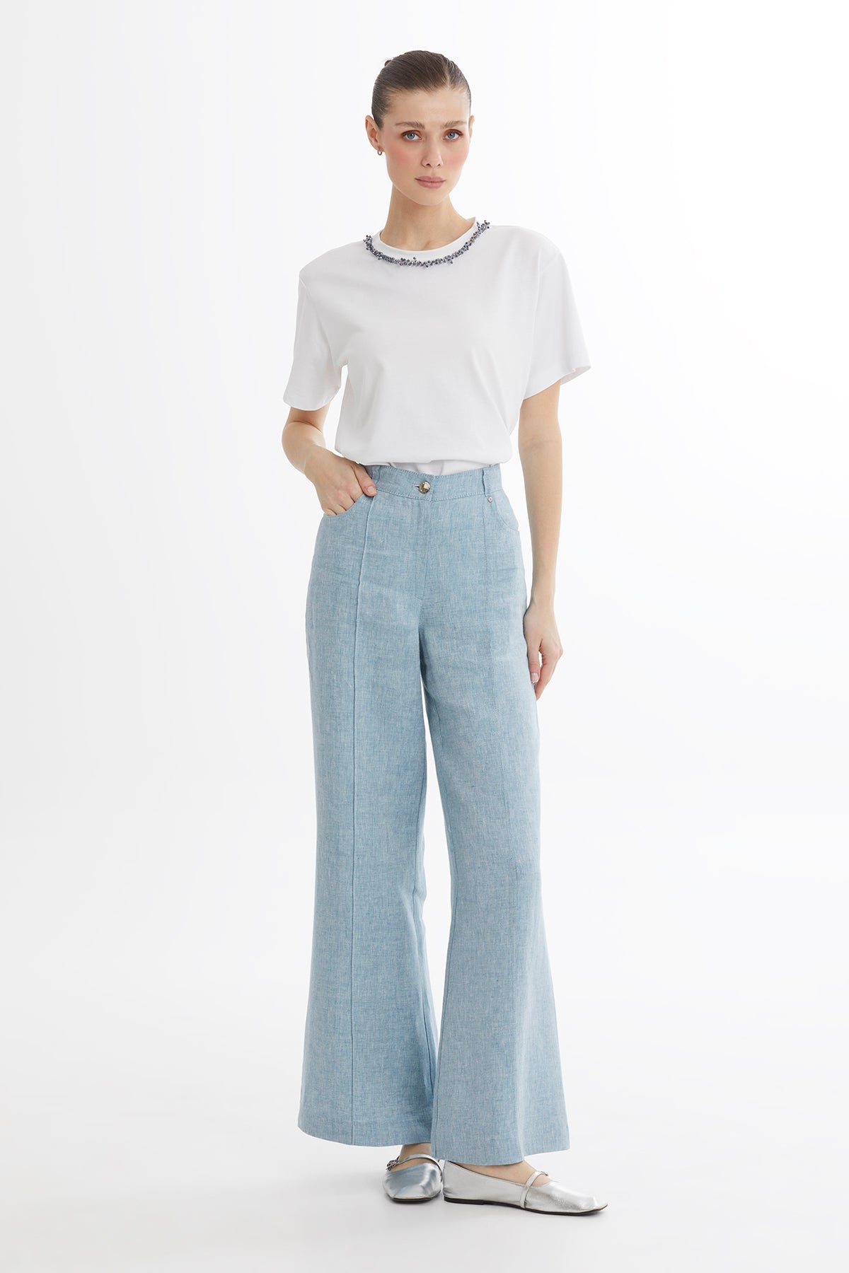 Blue Straight-Leg Linen Trousers