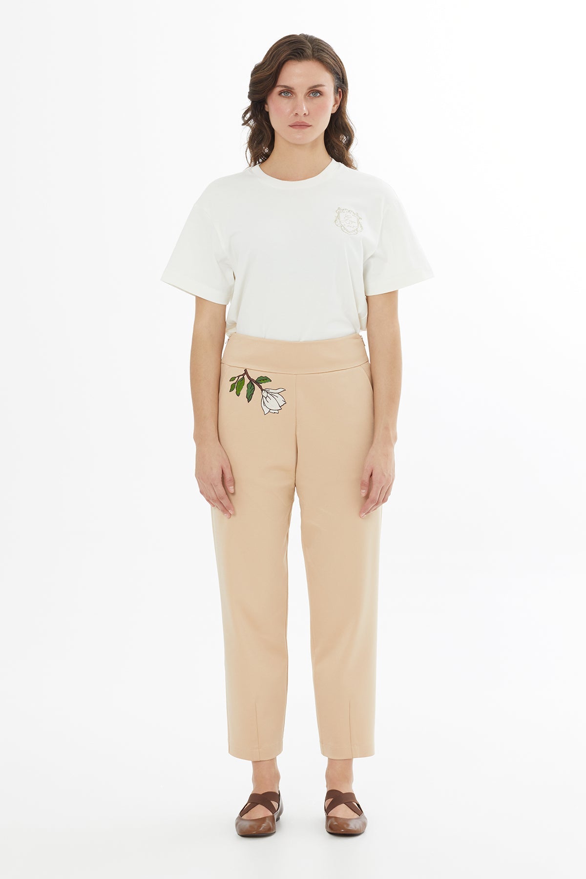 Beige Embroidered Pleat-Front Sweatpants