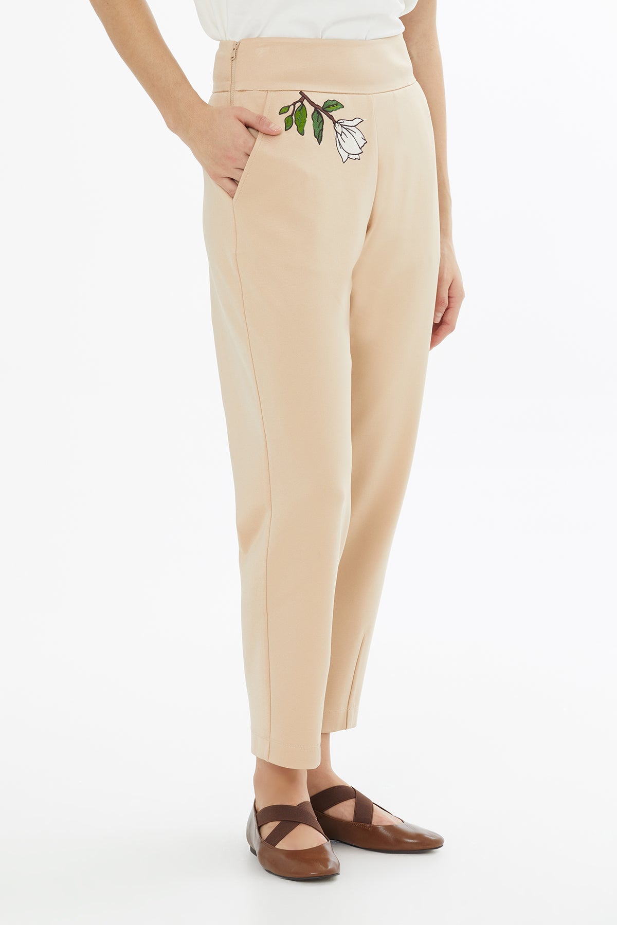 Beige Embroidered Pleat-Front Sweatpants
