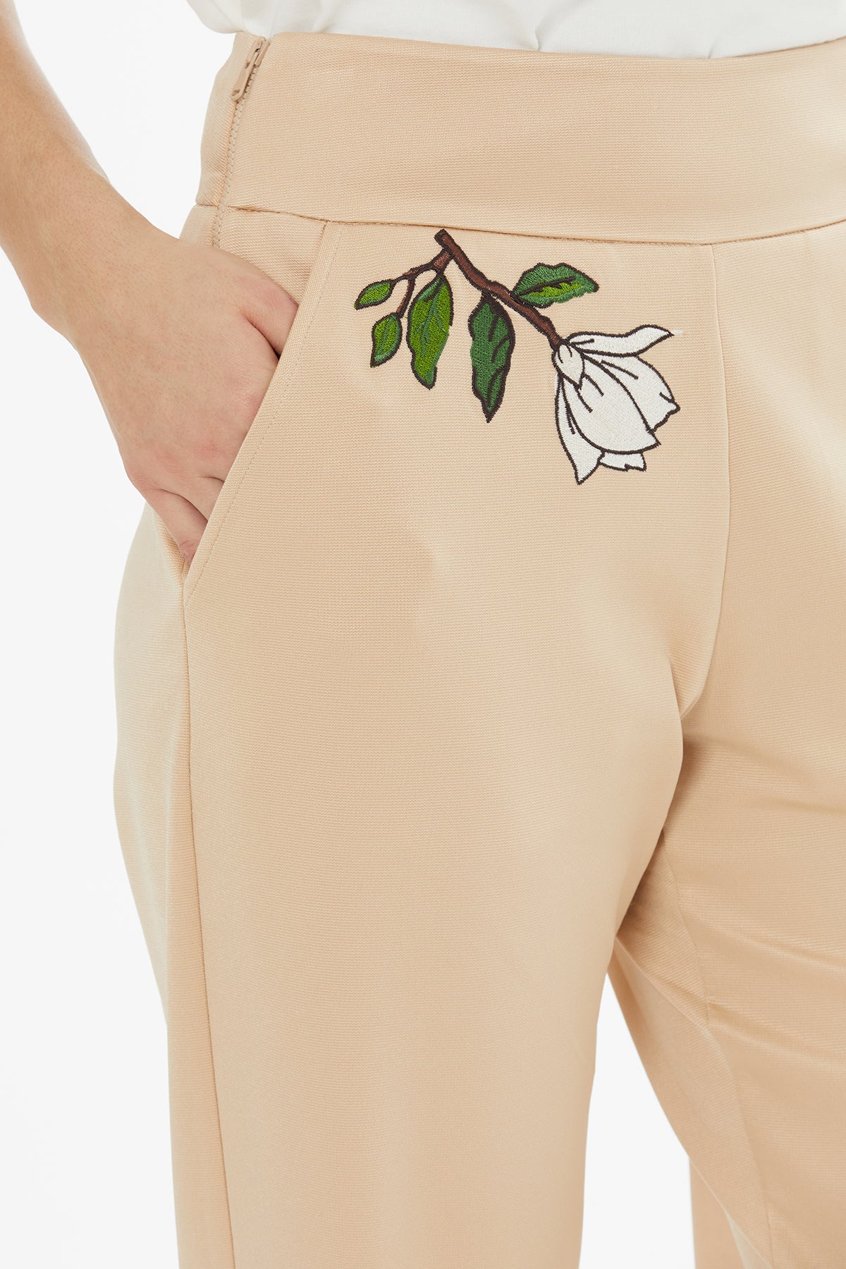 Beige Embroidered Pleat-Front Sweatpants