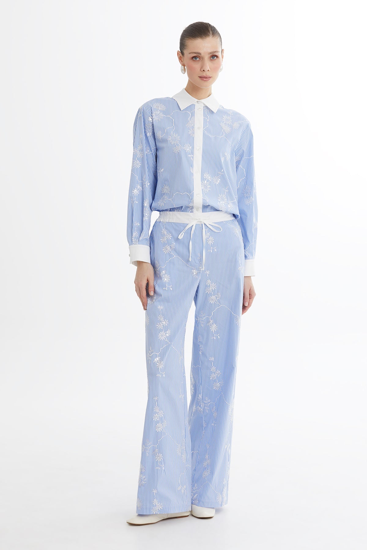 Blue Embroidered Printed Trousers