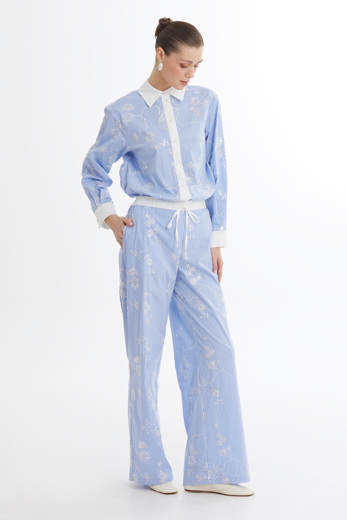 Blue Embroidered Printed Trousers