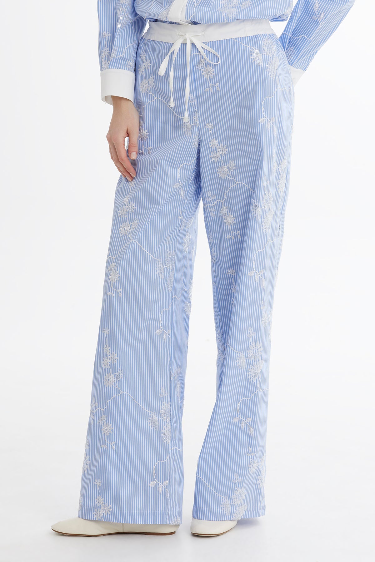 Blue Embroidered Printed Trousers