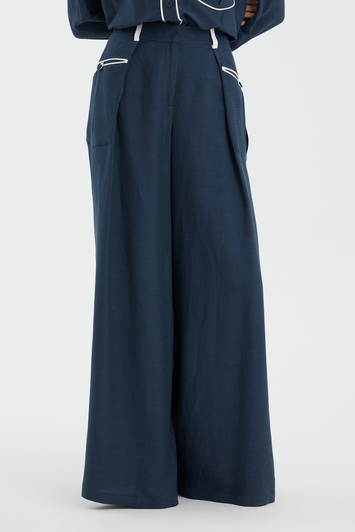 Dark Blue Contrast Pocket Wide-Leg Trousers