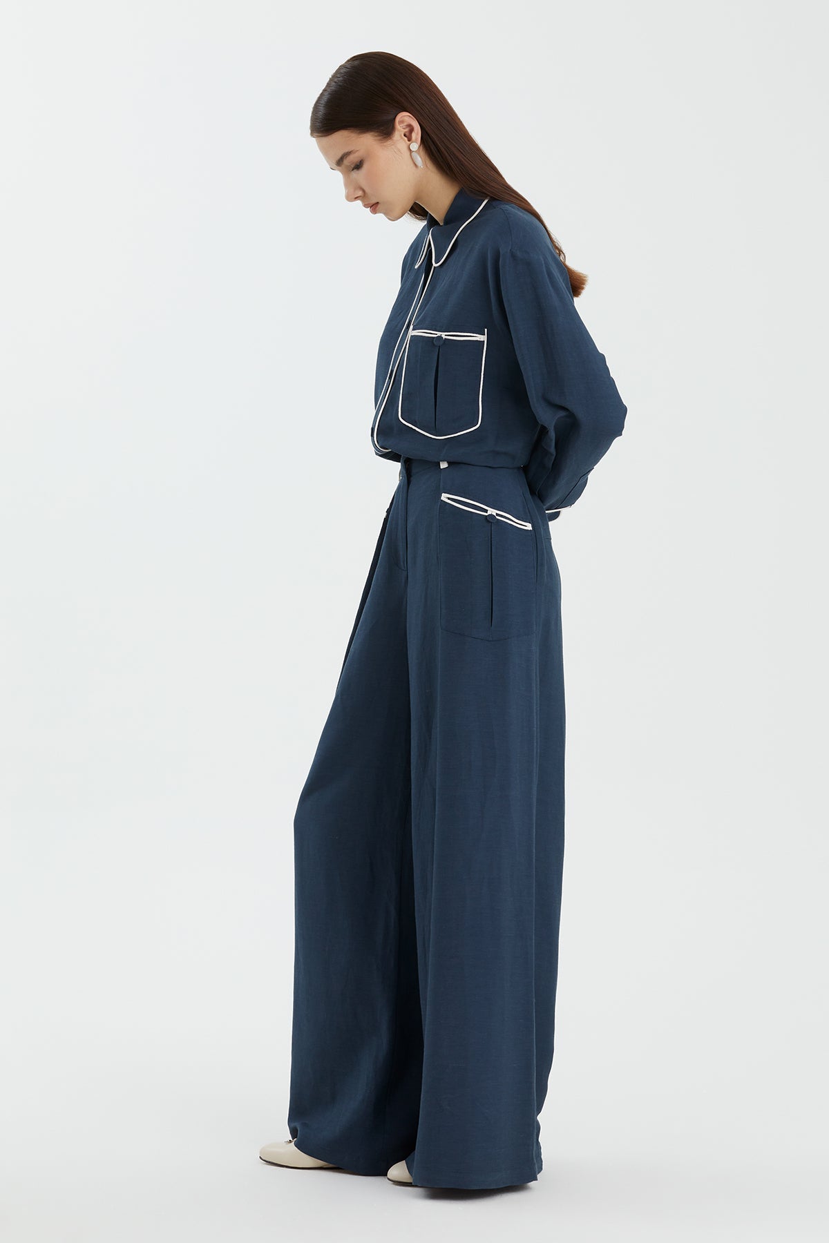 Dark Blue Contrast Pocket Wide-Leg Trousers