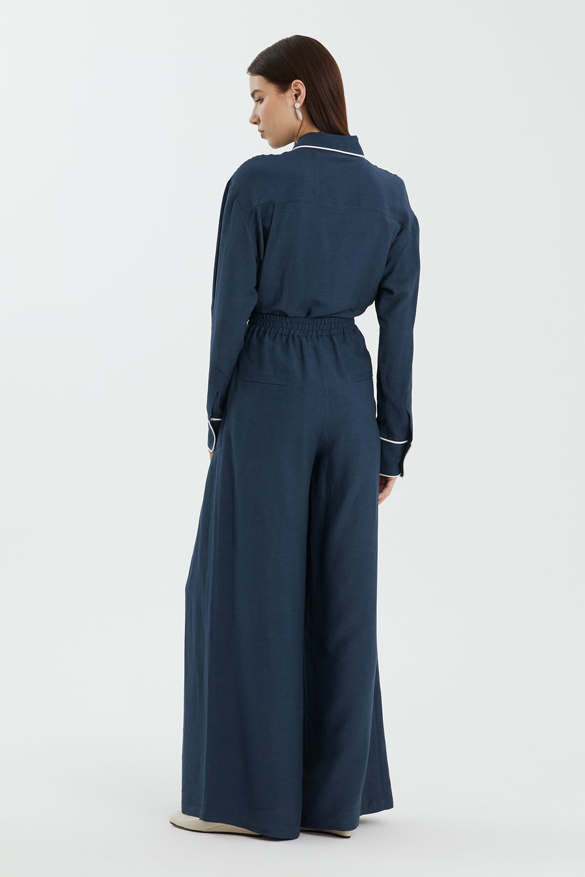 Dark Blue Contrast Pocket Wide-Leg Trousers