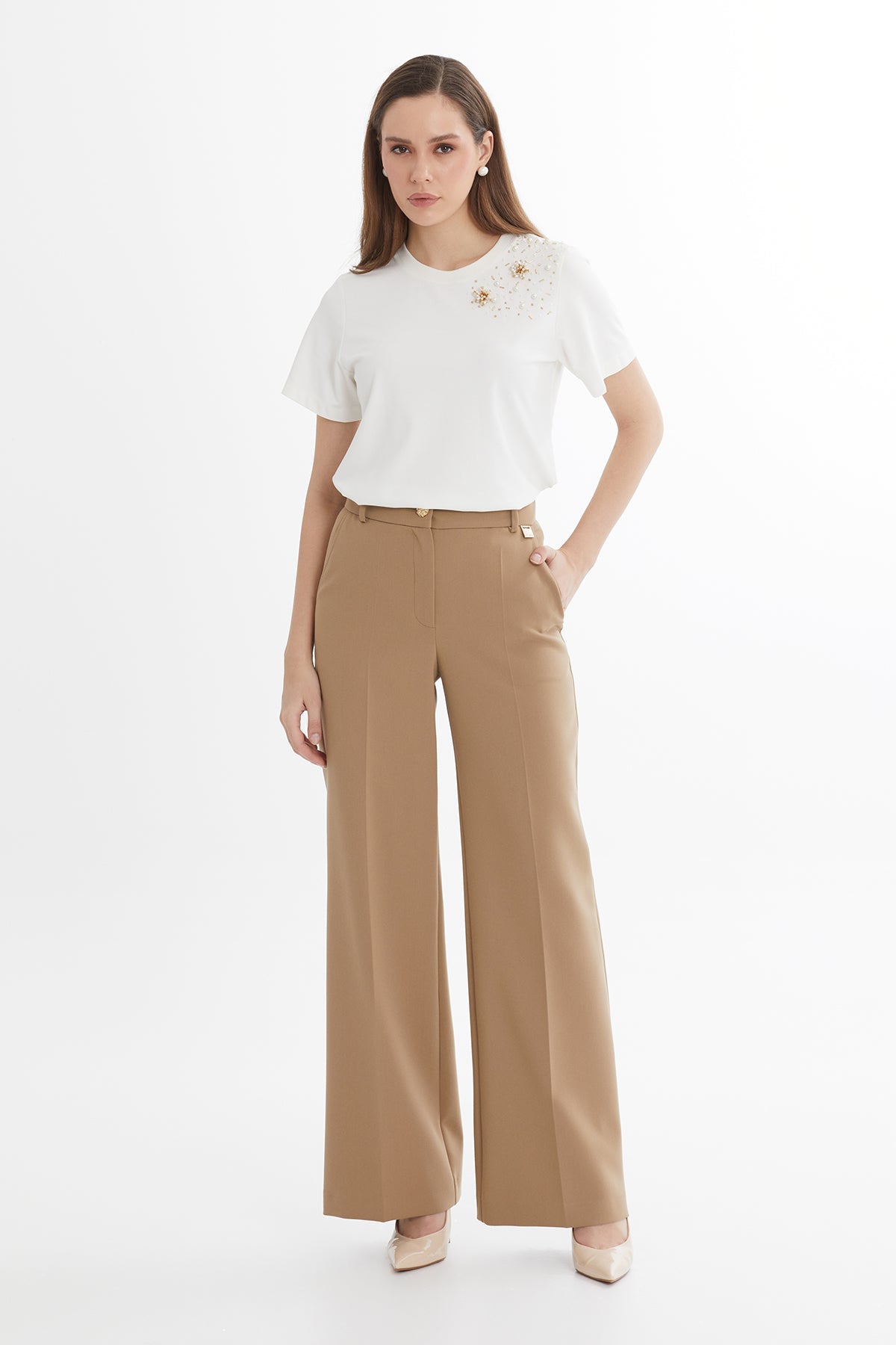 Brown Button Detail Straight-Leg Trousers