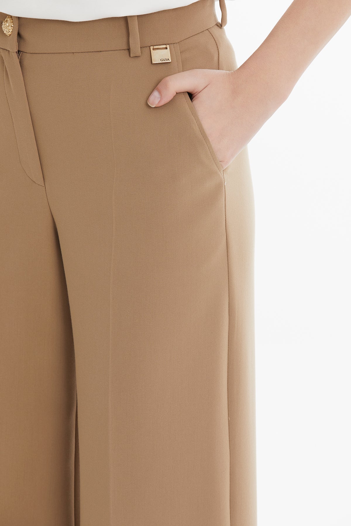 Brown Button Detail Straight-Leg Trousers