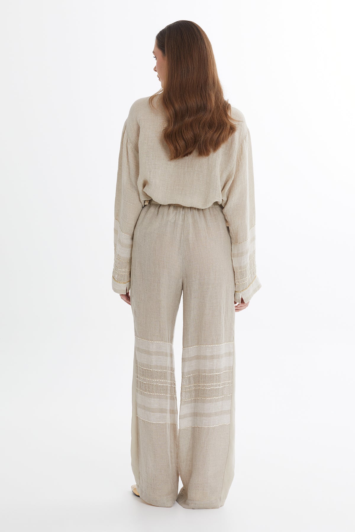 Beige Printed Linen Trousers
