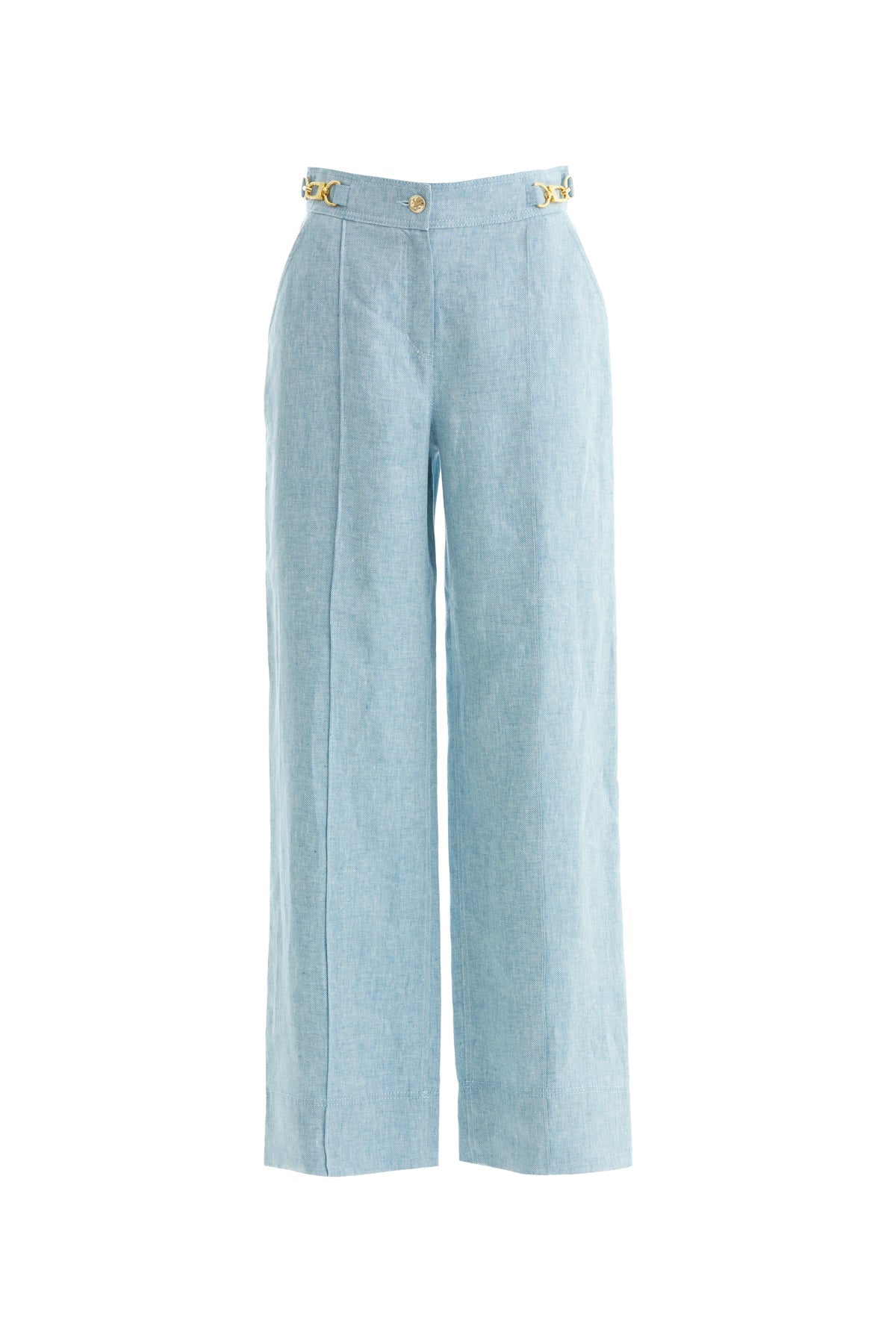 Blue Embellished Linen Trousers
