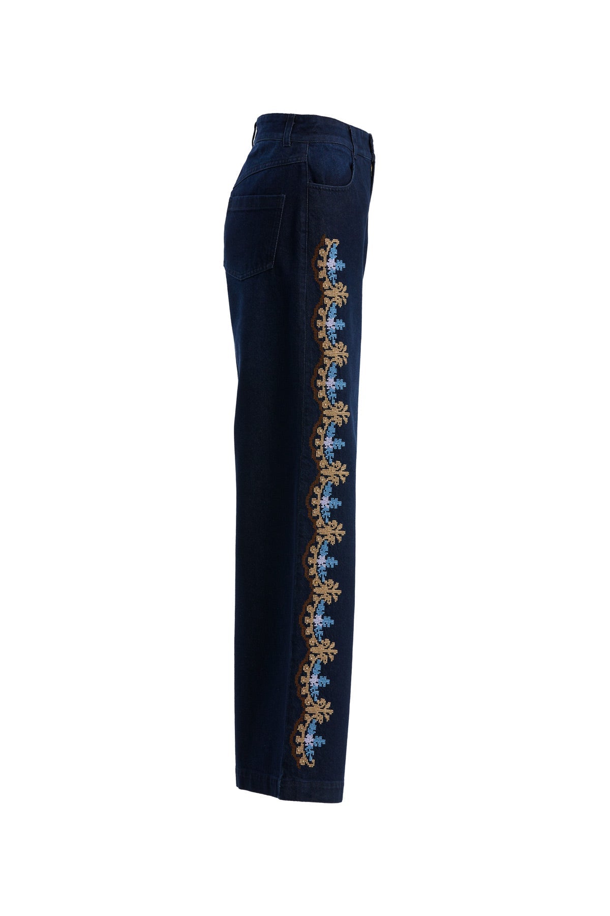 Blue Color Embroidery Straight-Leg Trousers