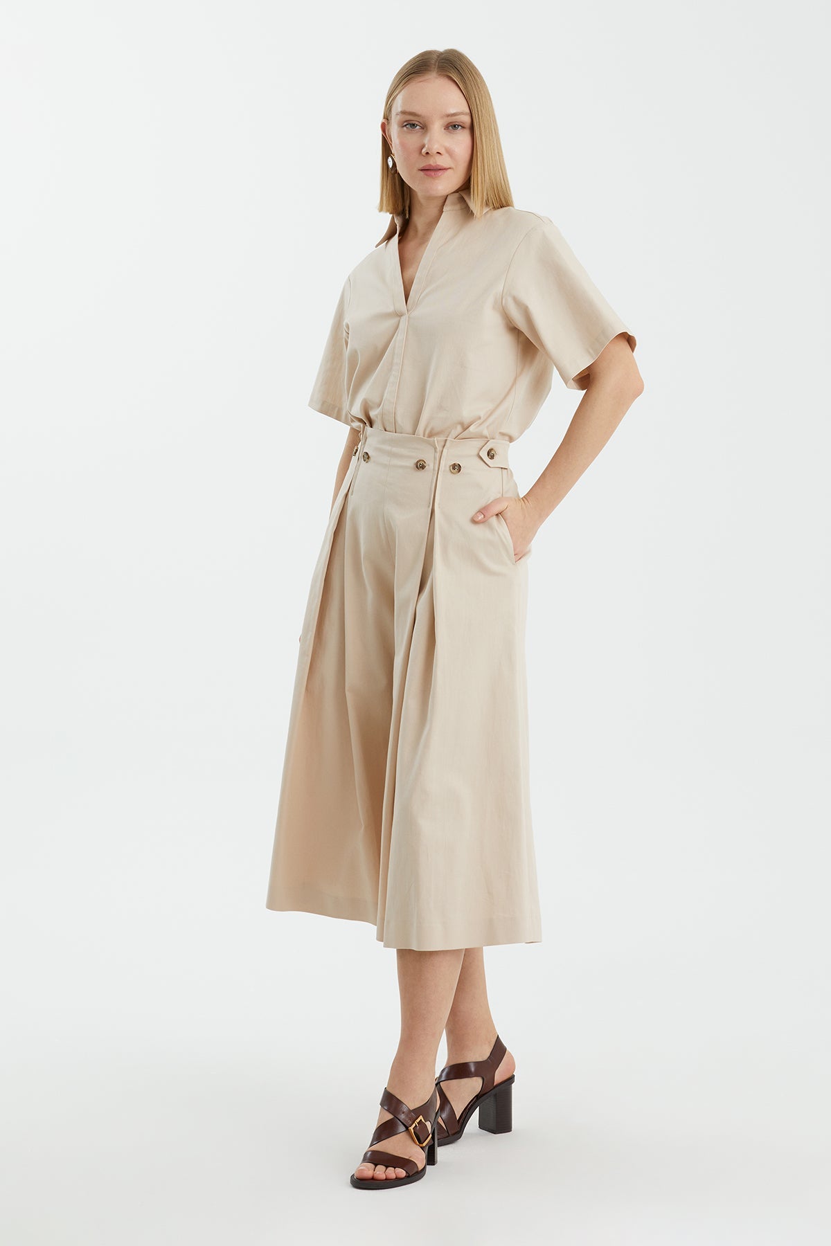 Beige Button Detail Bermuda Shorts