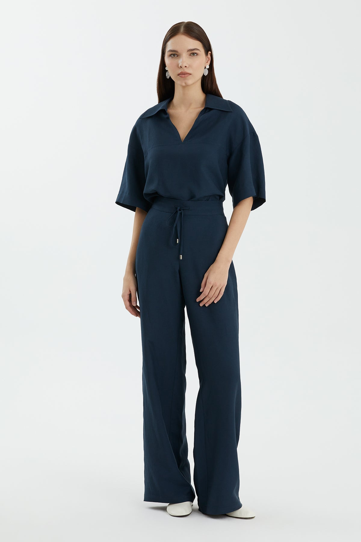 Dark Blue Tie Detail Wide-Leg Trousers