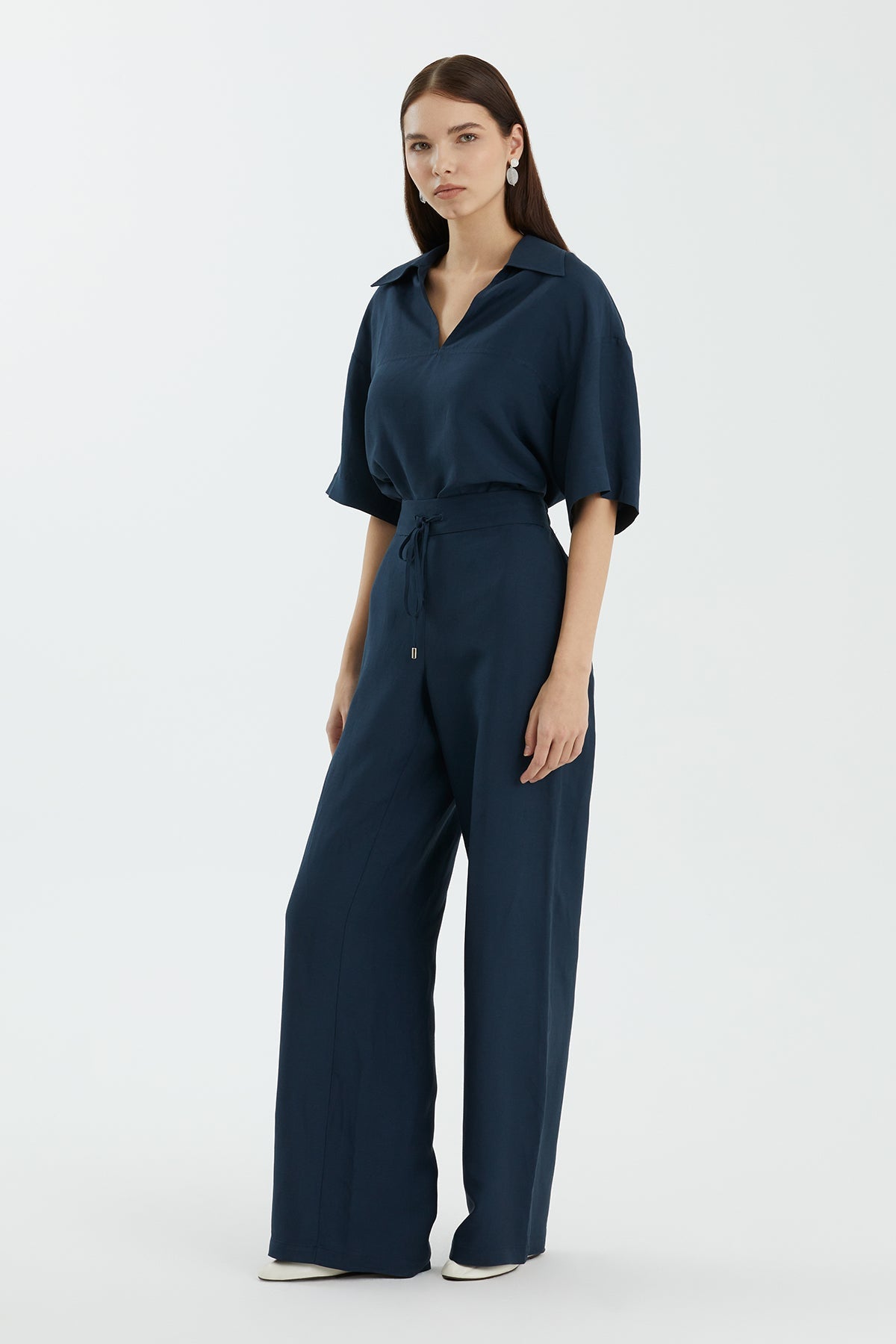 Dark Blue Tie Detail Wide-Leg Trousers