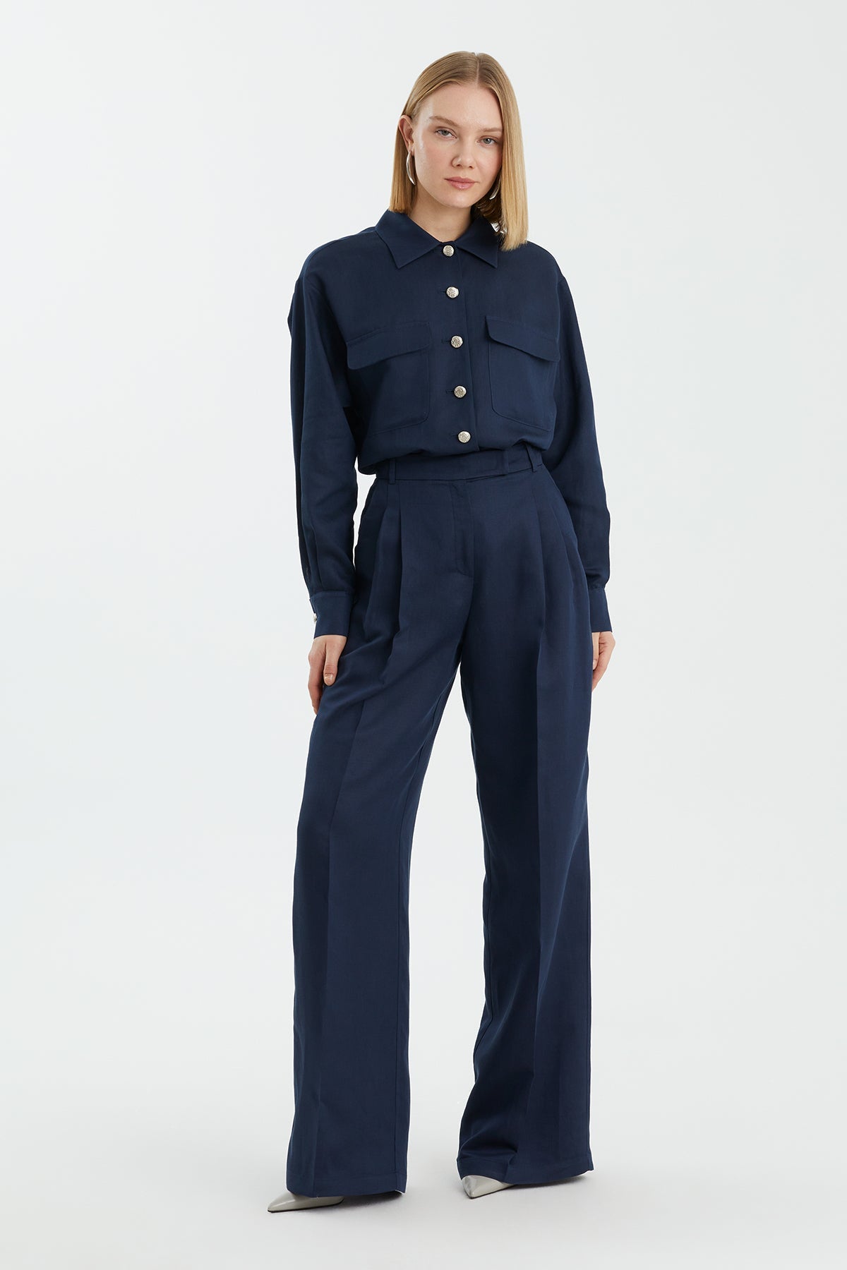 Dark Navy Wide-Leg Trousers