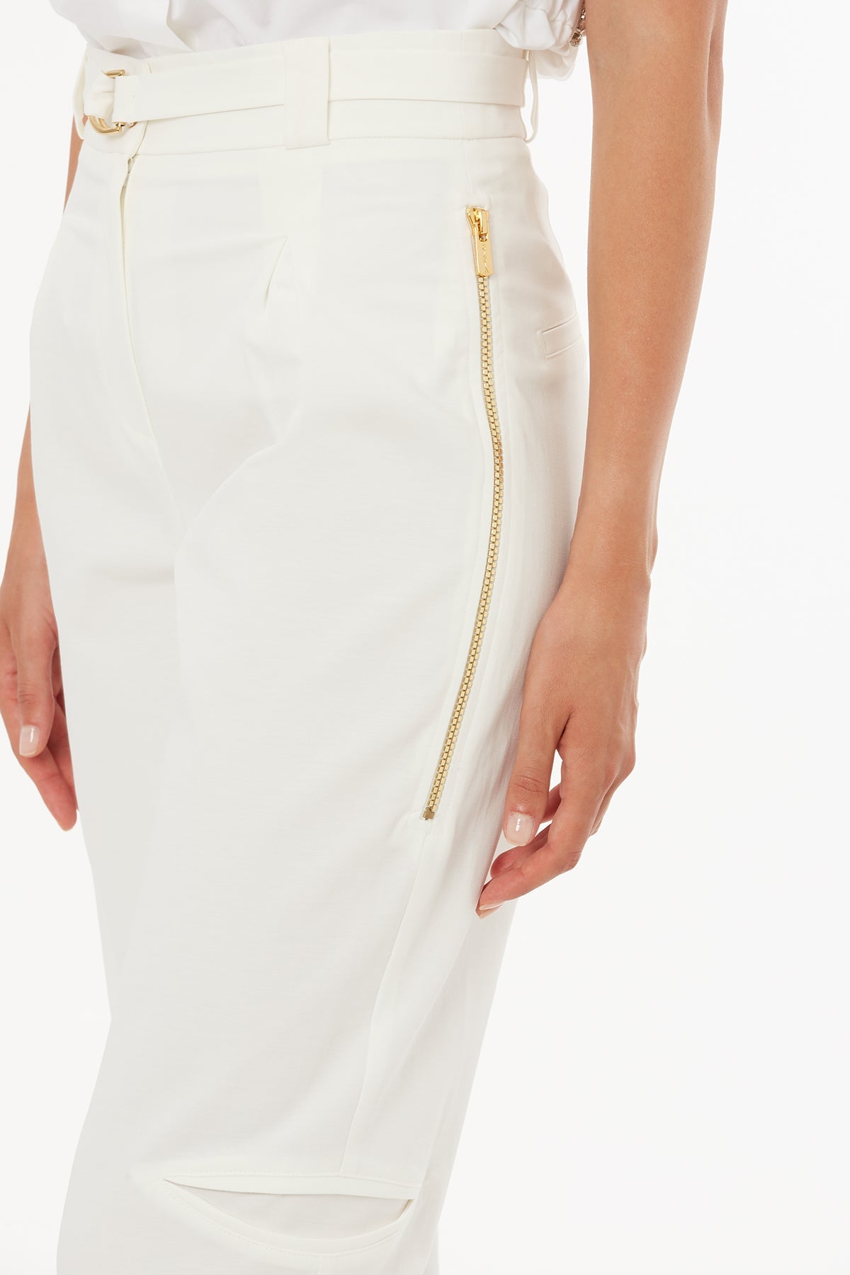 Ecru Belted Straight-Leg Trousers