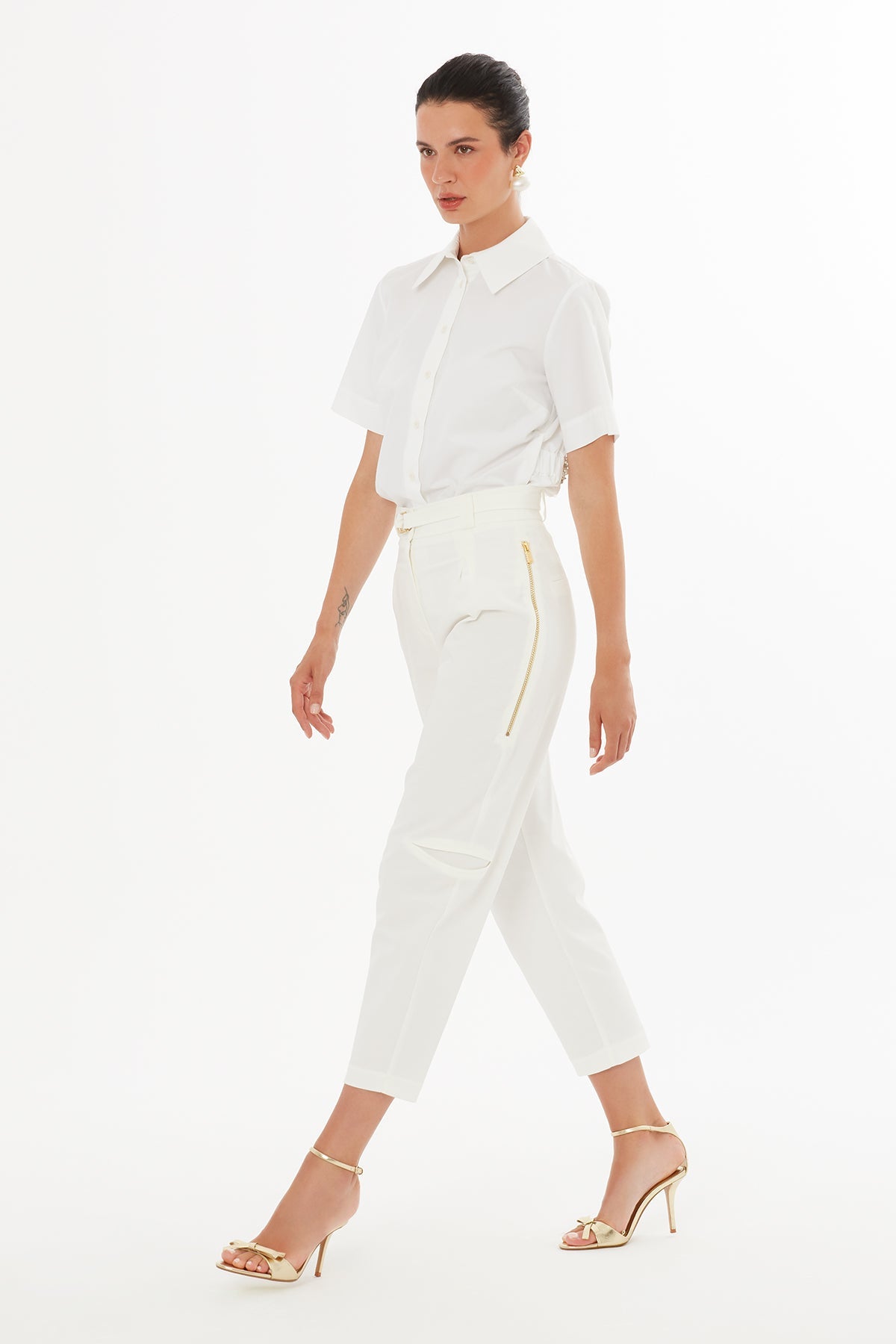 Ecru Belted Straight-Leg Trousers