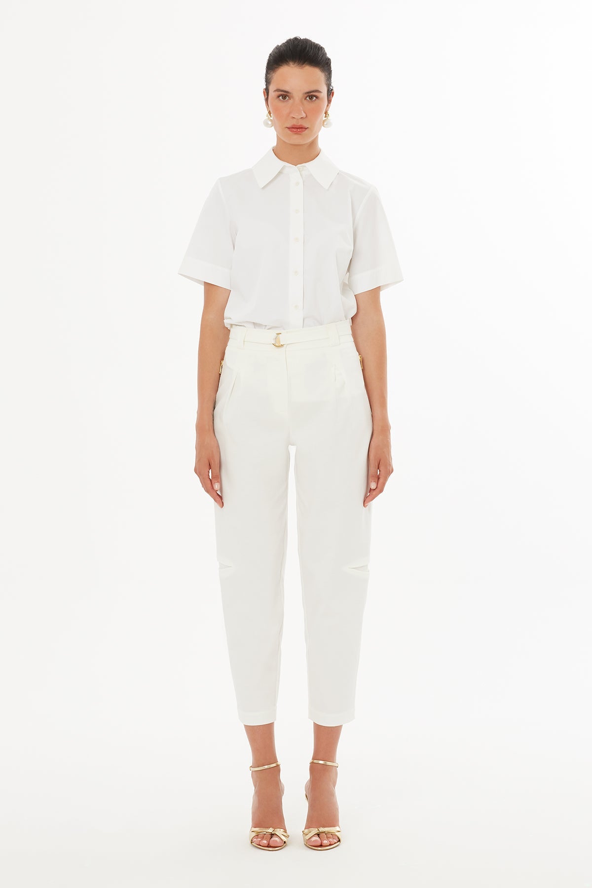 Ecru Belted Straight-Leg Trousers