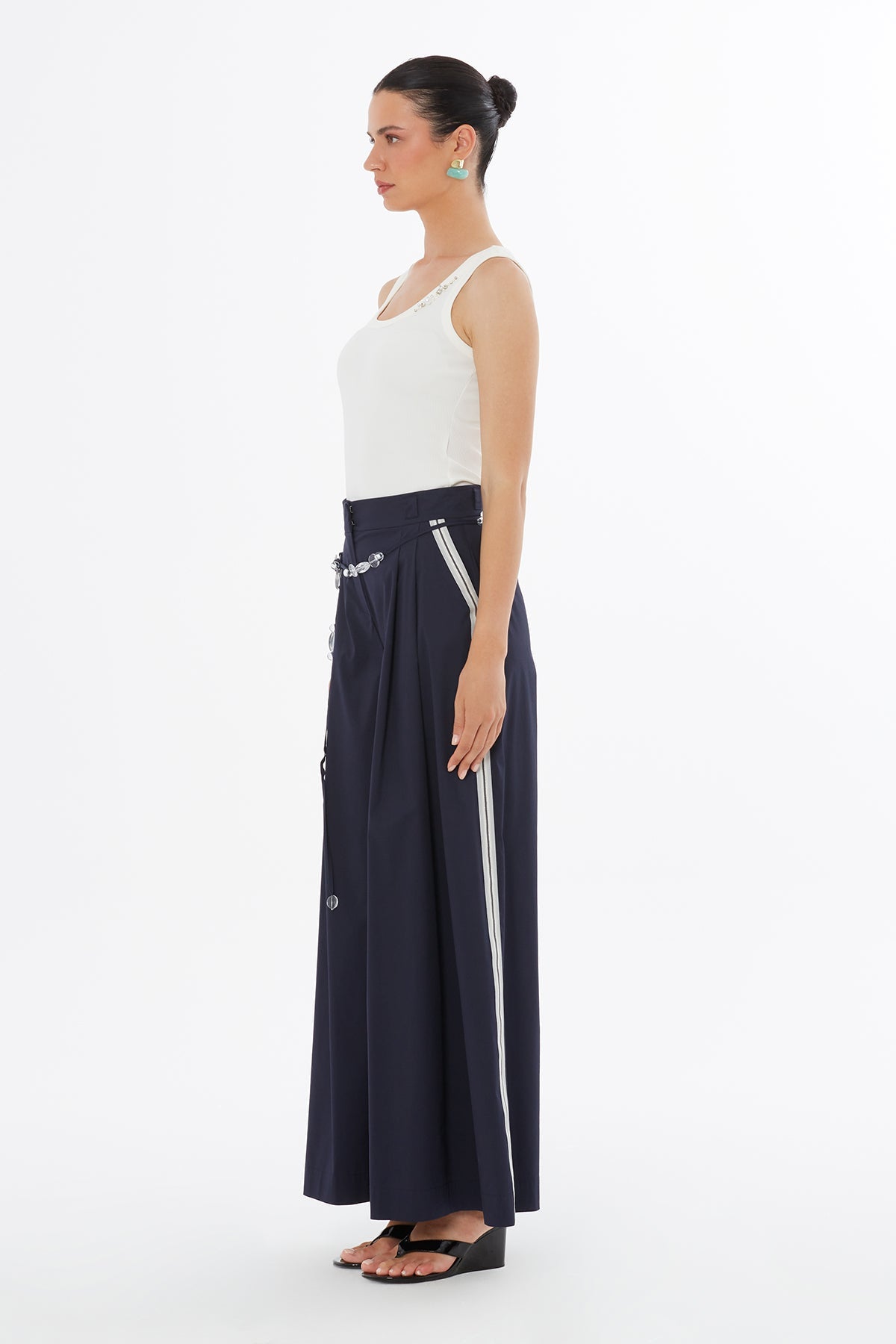 Blue Beaded Belt Trim Trousers