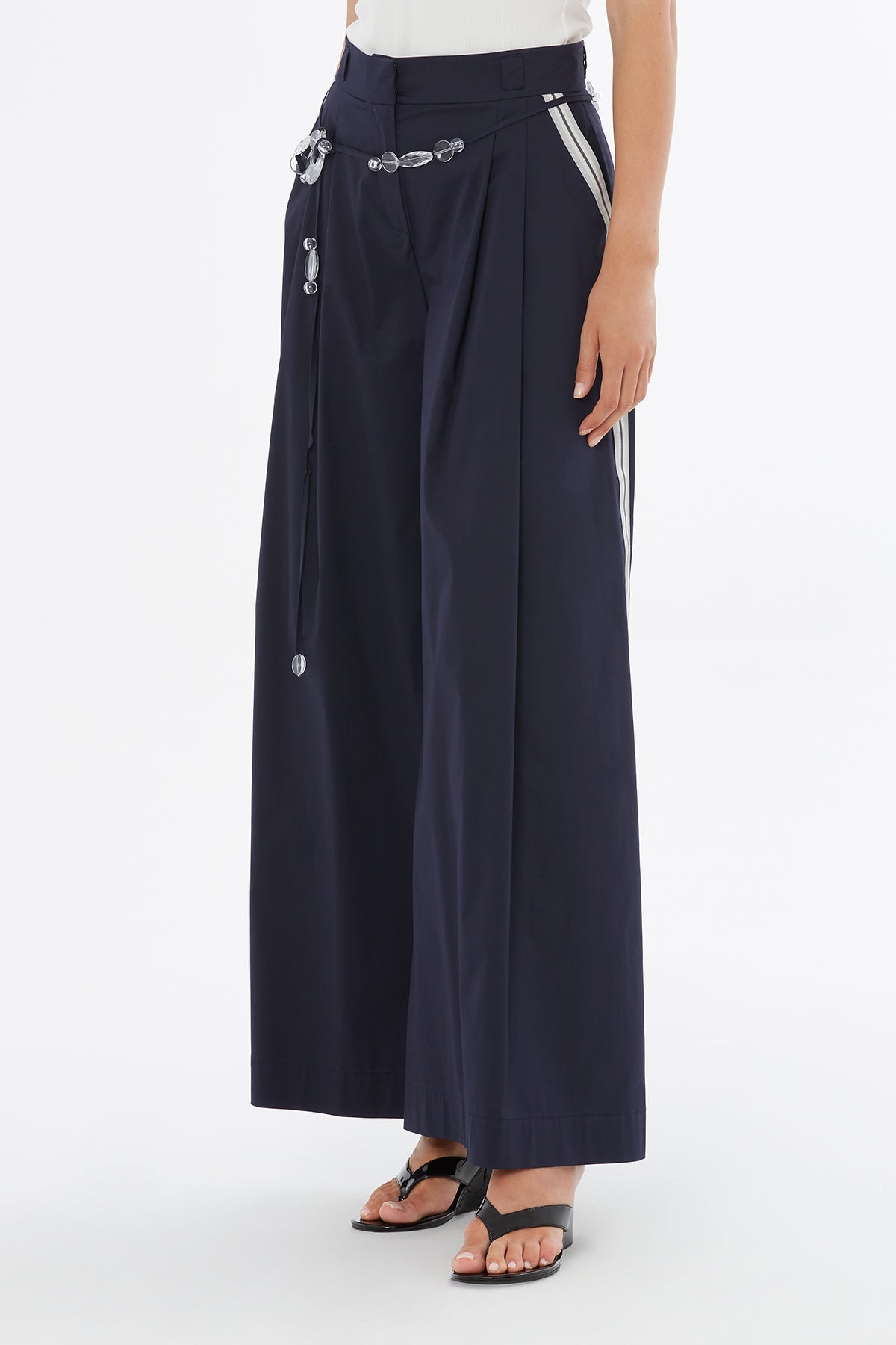 Blue Beaded Belt Trim Trousers