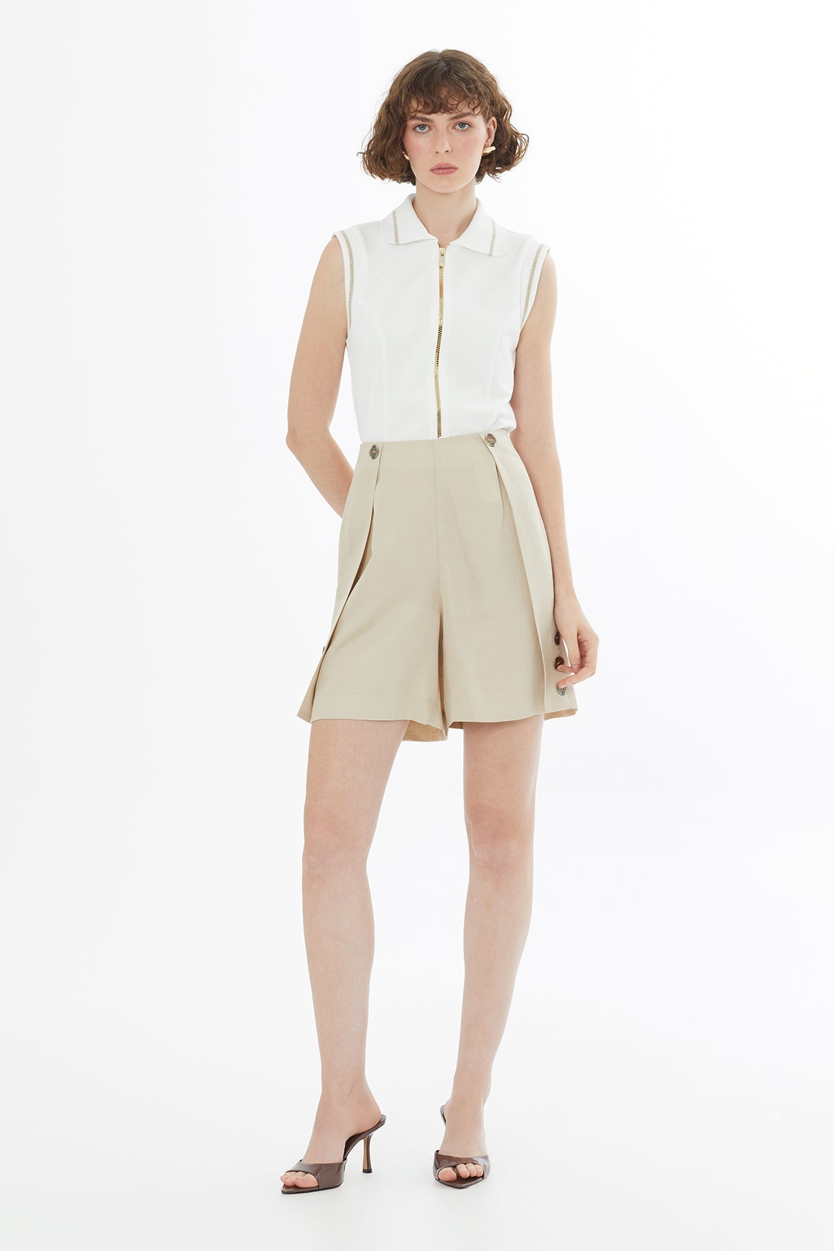 Beige Button Detail Linen Shorts