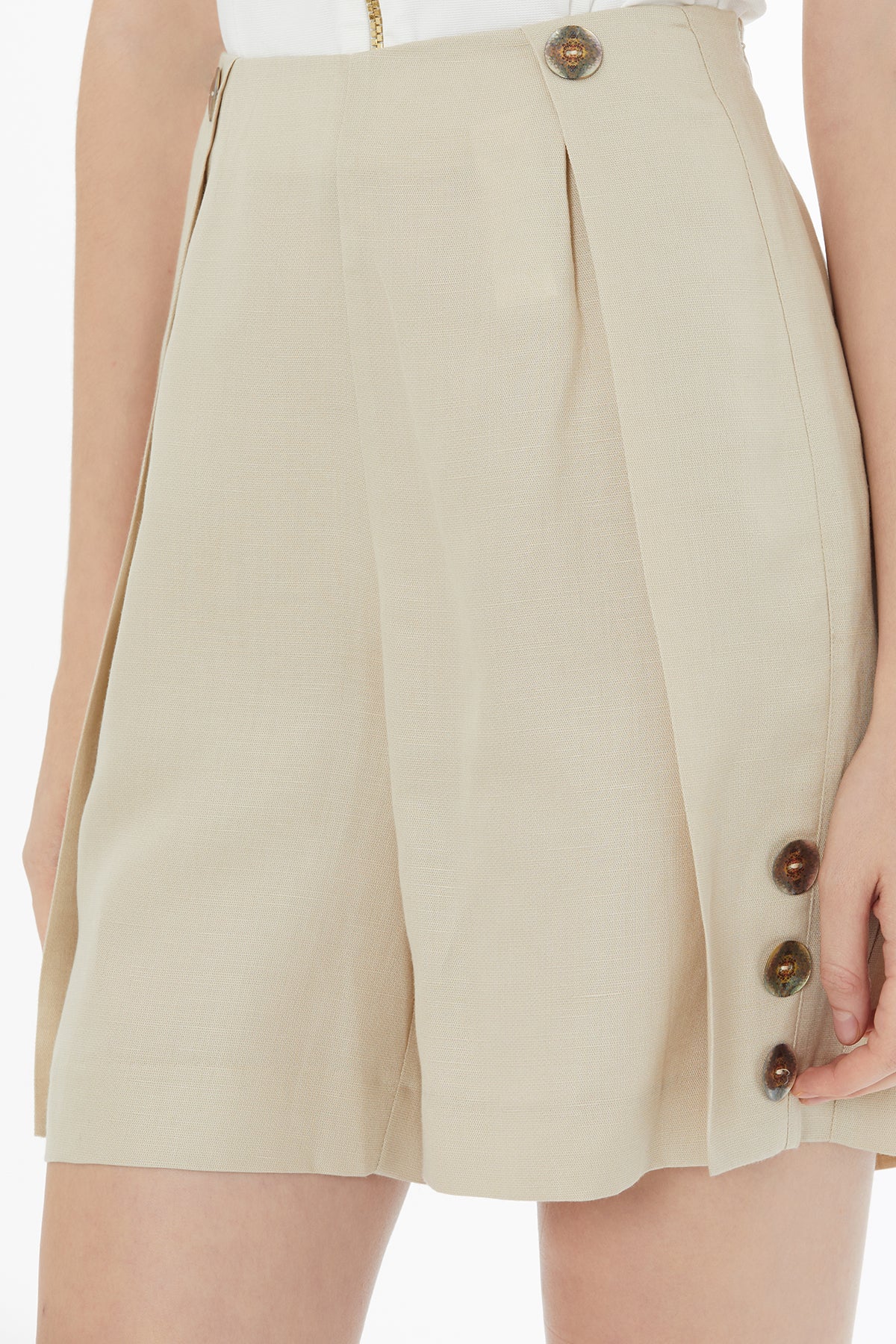 Beige Button Detail Linen Shorts