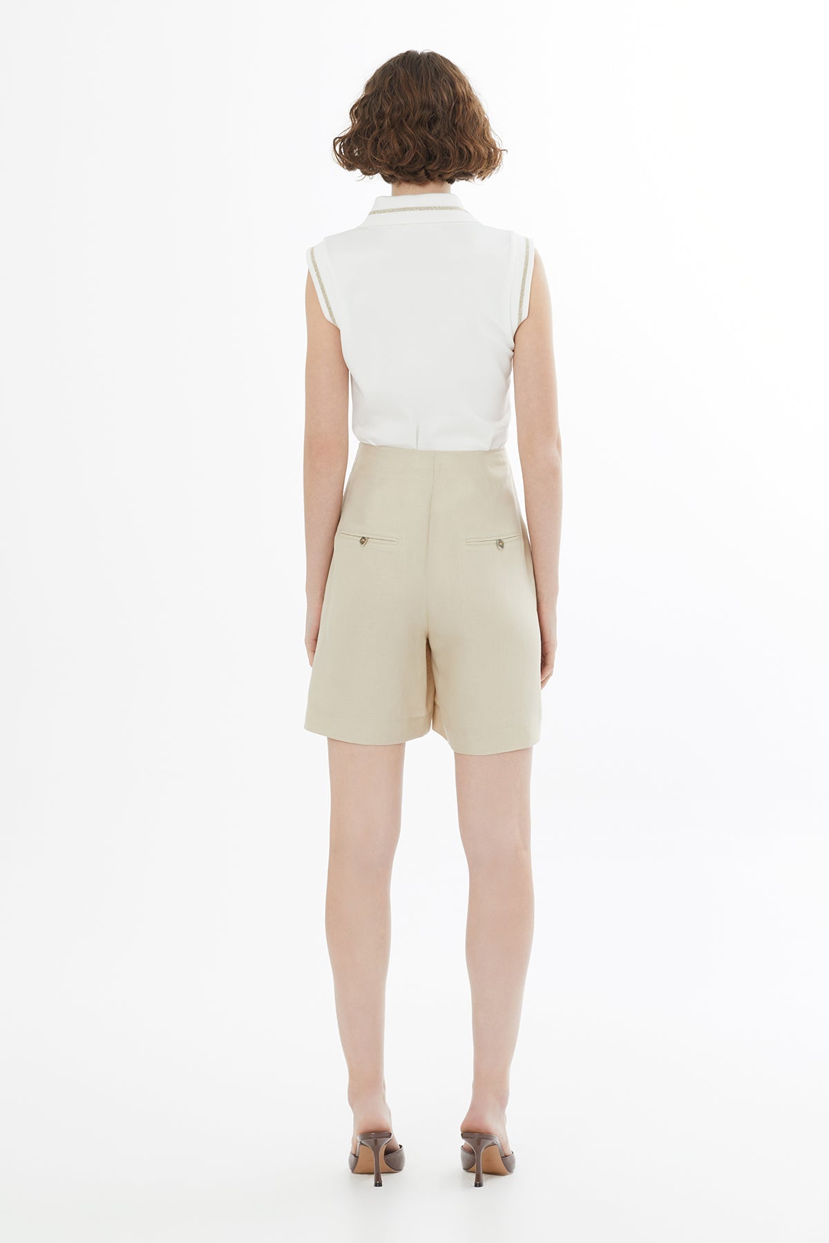 Beige Button Detail Linen Shorts