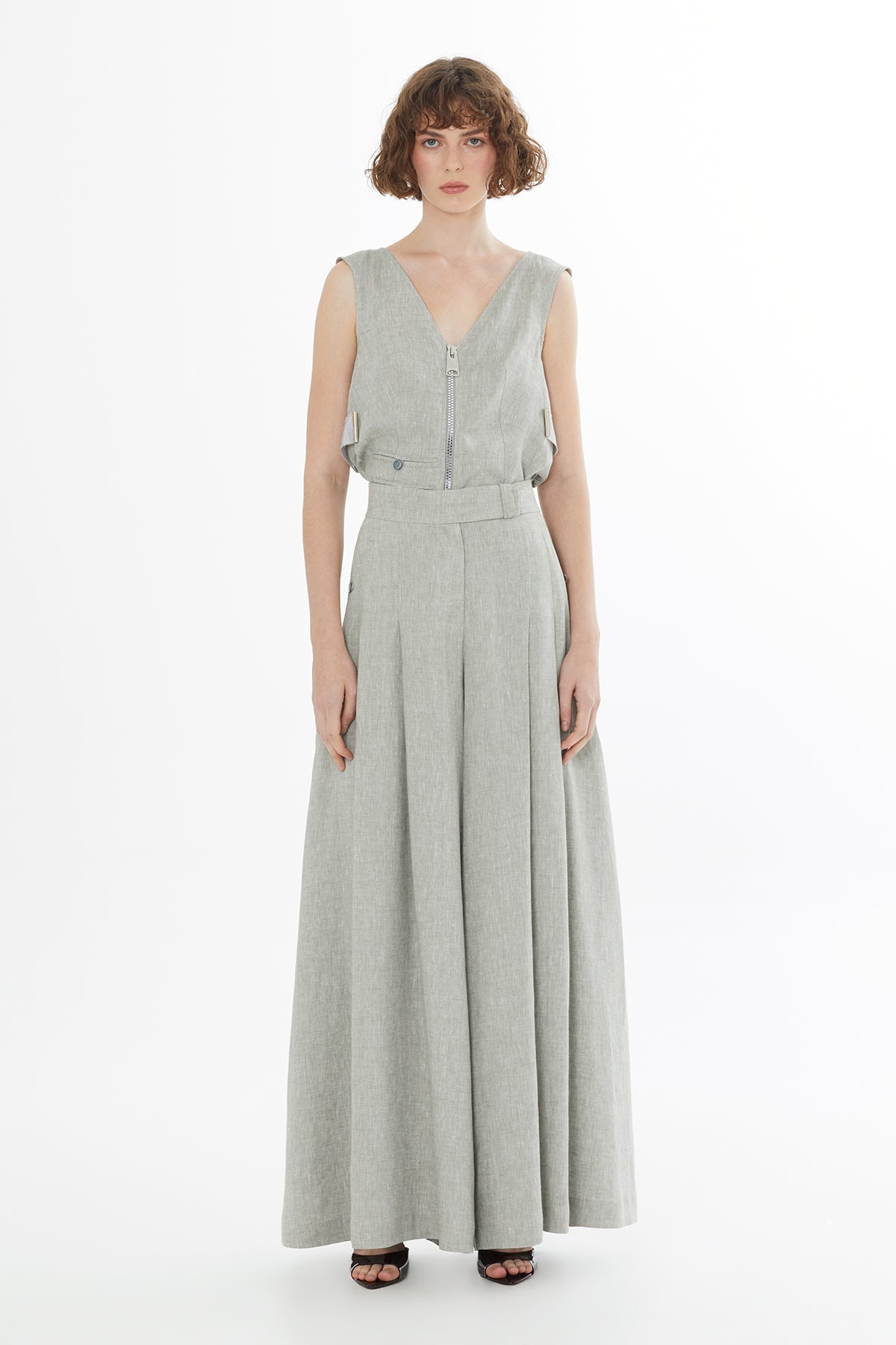 Green Belted Wide-Leg Linen Trousers