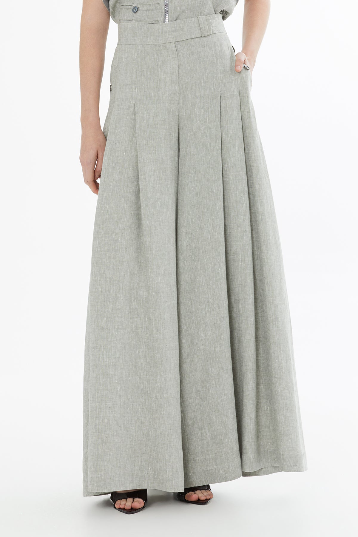 Green Belted Wide-Leg Linen Trousers