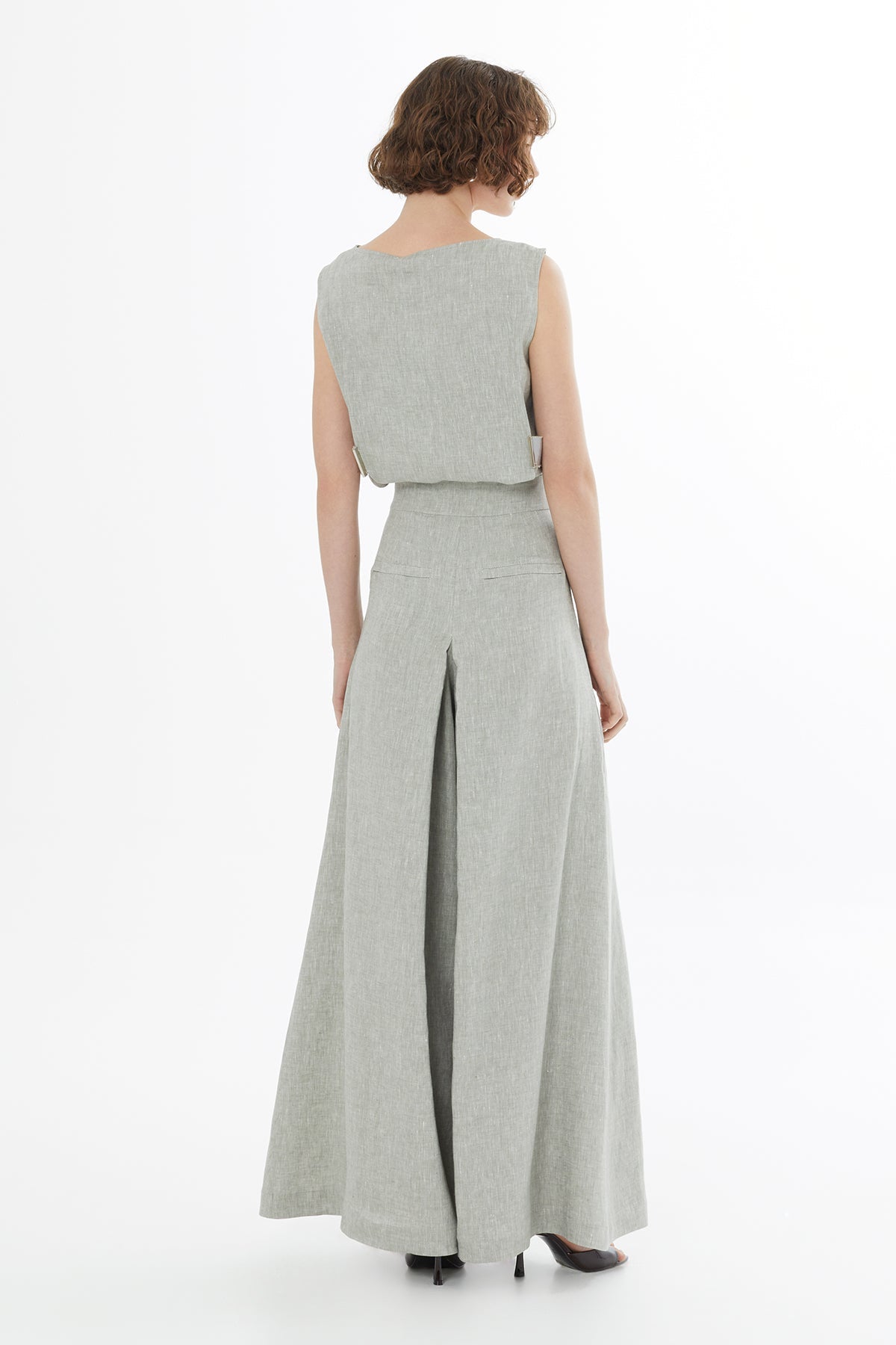 Green Belted Wide-Leg Linen Trousers