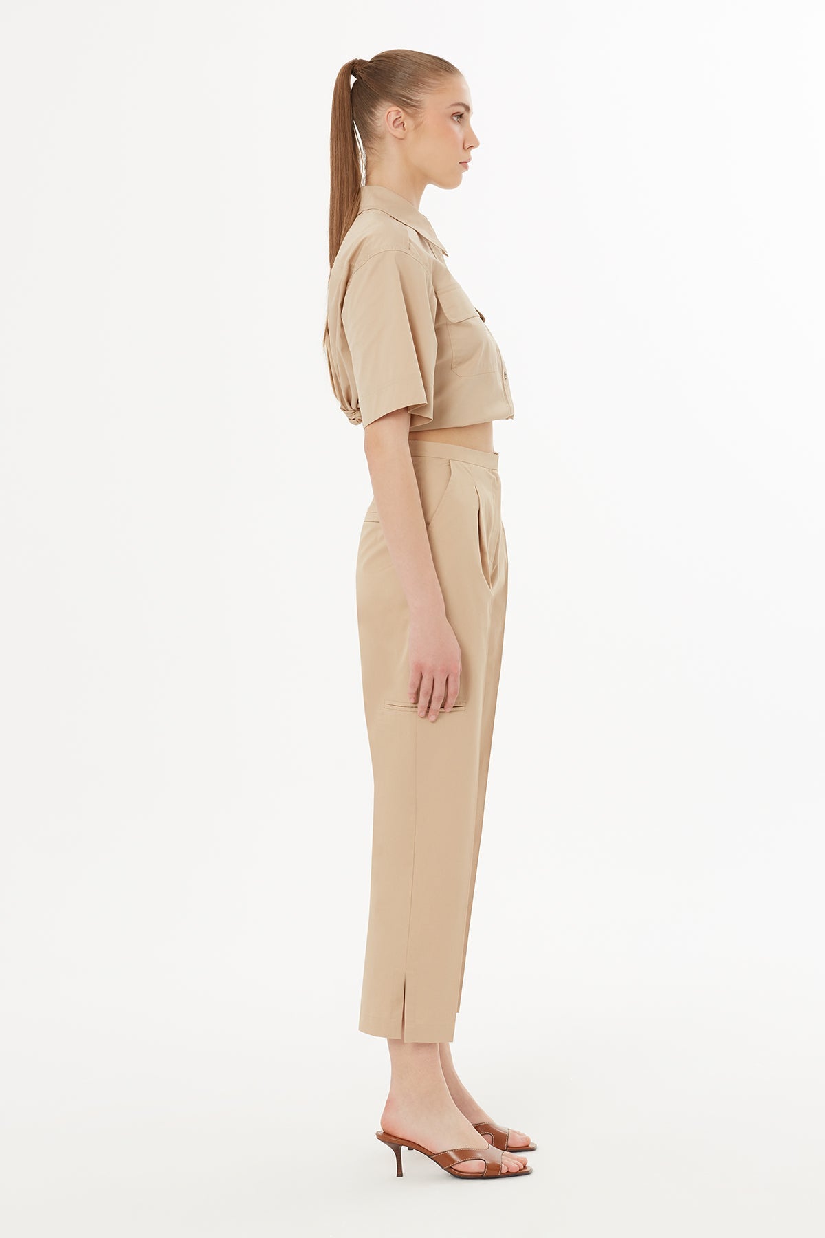 Beıge Belted Pleated Tailored Trousers