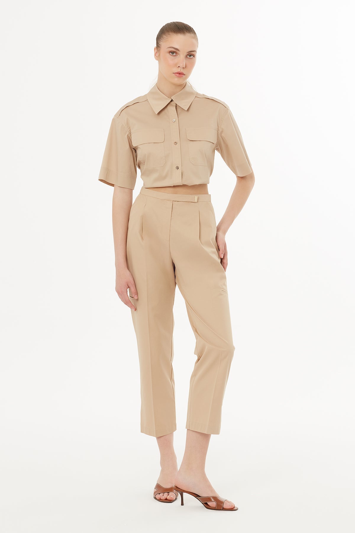 Beıge Belted Pleated Tailored Trousers