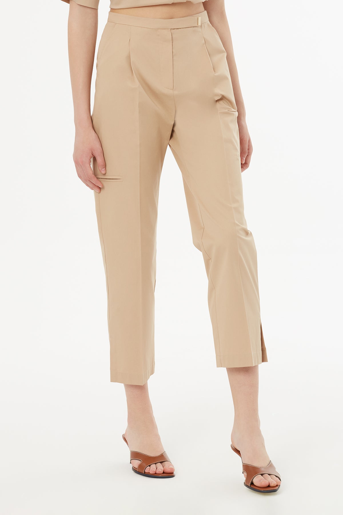 Beıge Belted Pleated Tailored Trousers