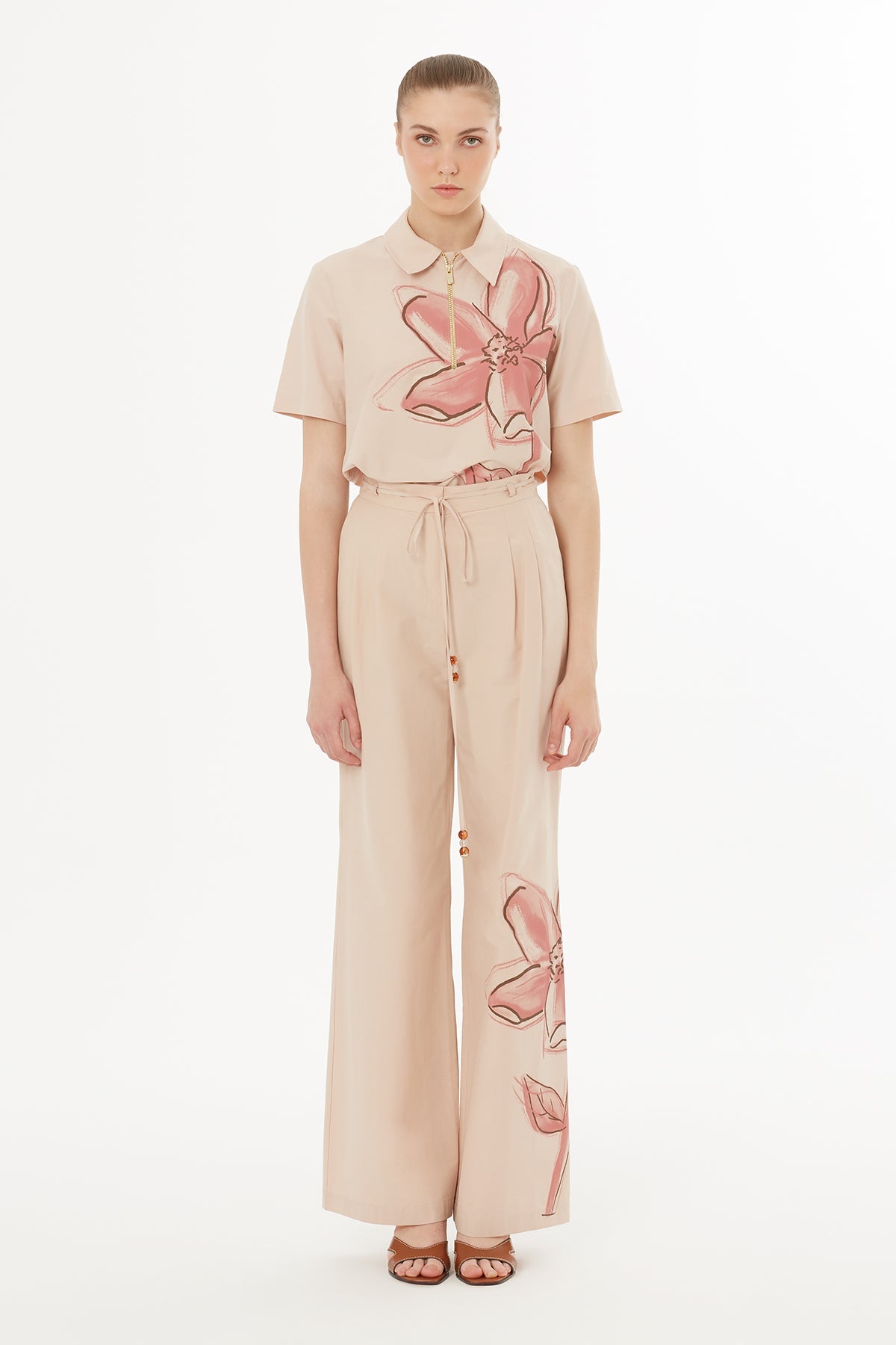 Beige Floral Print Detail Woven Pants